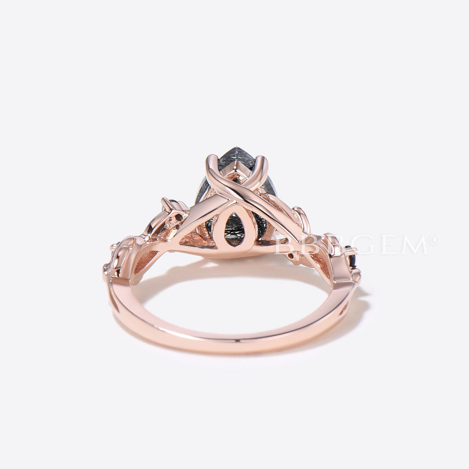Black Rutilated Quartz Pear-Shaped Engagement Ring with Branch Leaf Design - Perfect for Weddings, Proposals & Anniversary Gifts