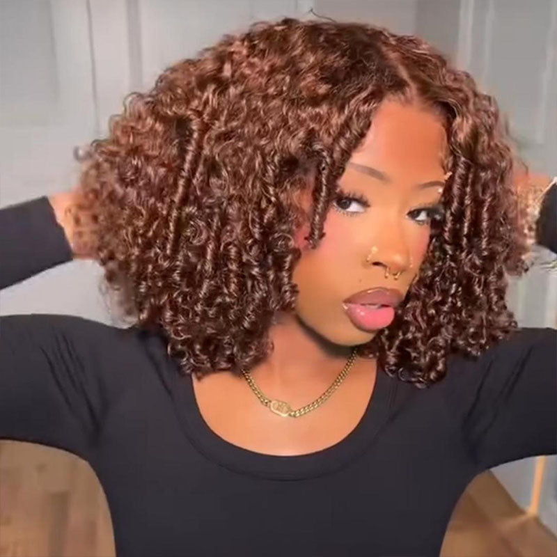 Eullair Short Brown Kinky Curly Bob Wig - 100% Human Hair Lace Front Wig for Women & Girls | Natural Look for Daily Wear, Cosplay & Special Occasions