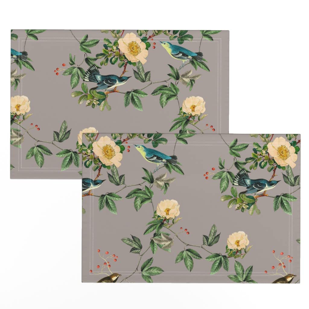 Premium Linen Cotton Canvas Placemats Set of 2 - Vintage Wild Rose Taupe Floral with English Bird Print | Elegant Table Setting for Dining Room, Kitchen, and Home Decor