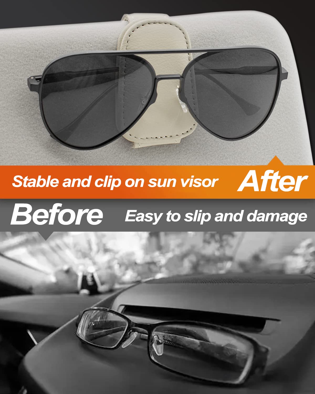 Magnetic Leather Sunglass Holder for Car Visor - Beige Car Interior Accessories | Eyeglass Hanger & Organizer for Sunglasses Storage | Perfect for Road Trips, Commuting & Daily Driving