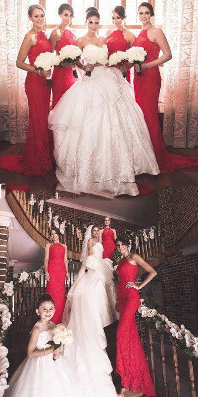 Elegant Red Halter Mermaid Lace Bridesmaid Dress - WG152 | Perfect for Weddings, Prom, Evening Parties & Formal Events