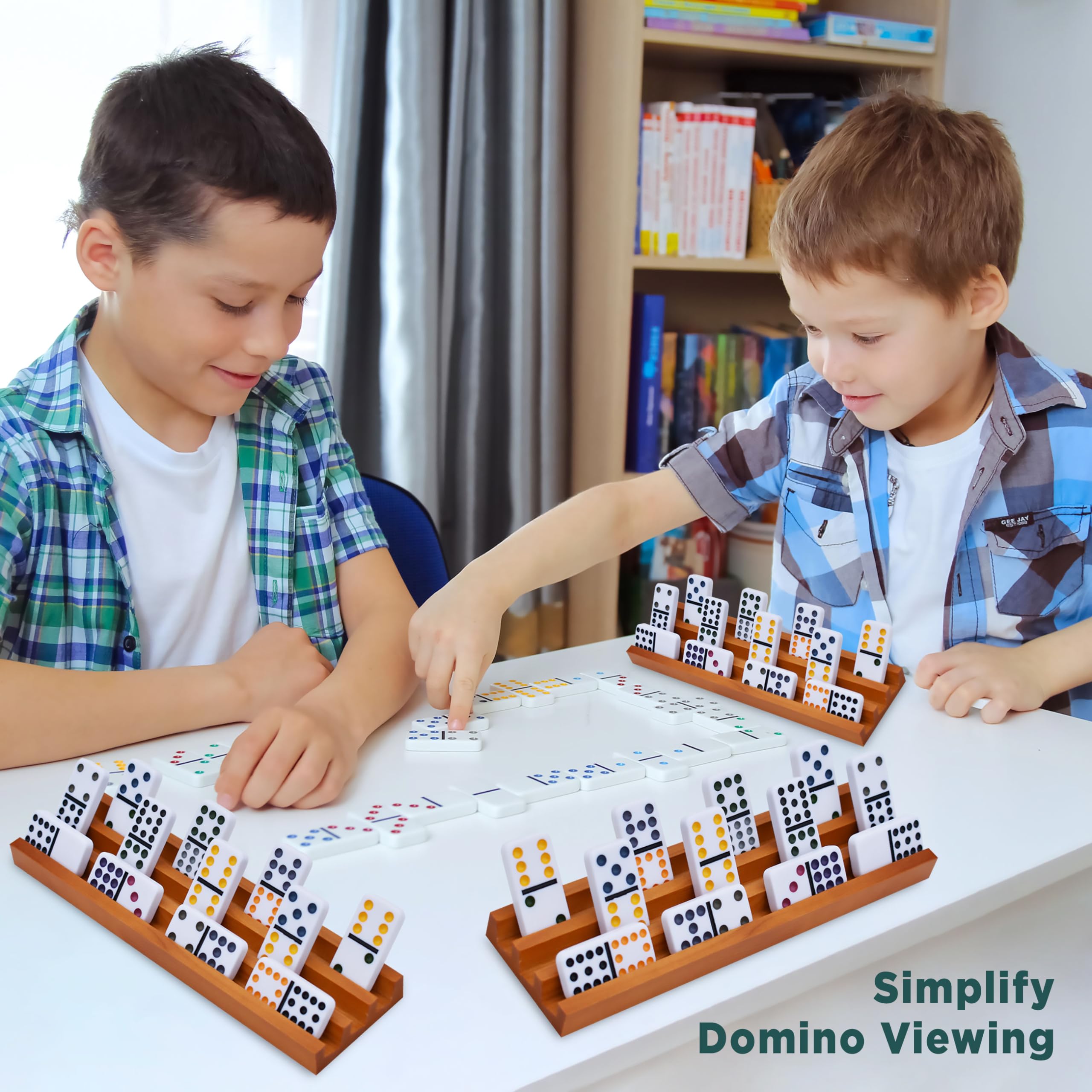 Premium Wooden Domino Holders Set of 4 - Classic Board Game Accessories for Mexican Train Dominoes - Durable Domino Racks & Trays for Family Game Night - Perfect for Parties, Game Rooms, and Family Gatherings