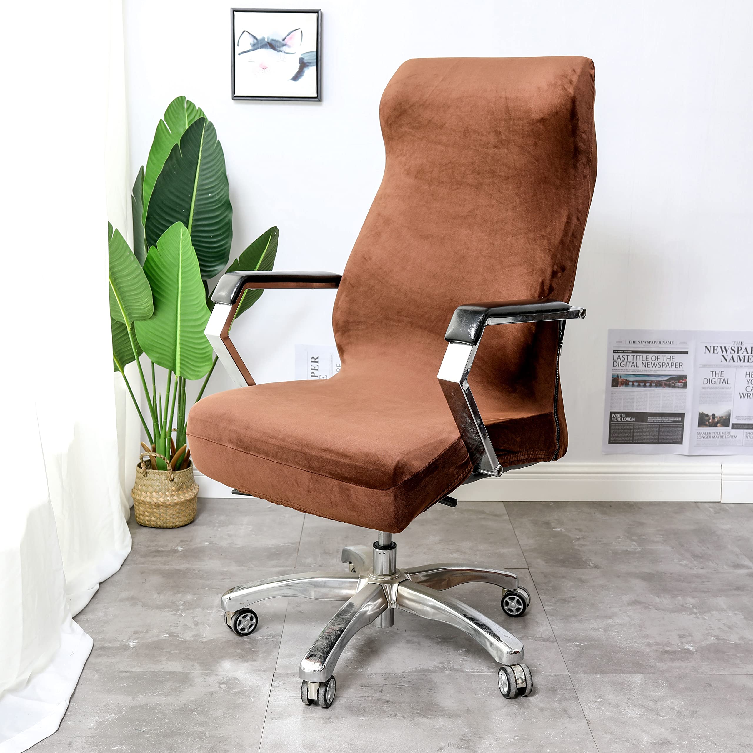 Soft Velvet Plush Stretch Office Chair Cover - Removable Rotating Chair Slipcover with Durable Zipper, Universal Armchair Protector for Home & Office (Brown, Small Size) | Perfect for Ergonomic Chairs, Gaming Chairs & Workspace Decor