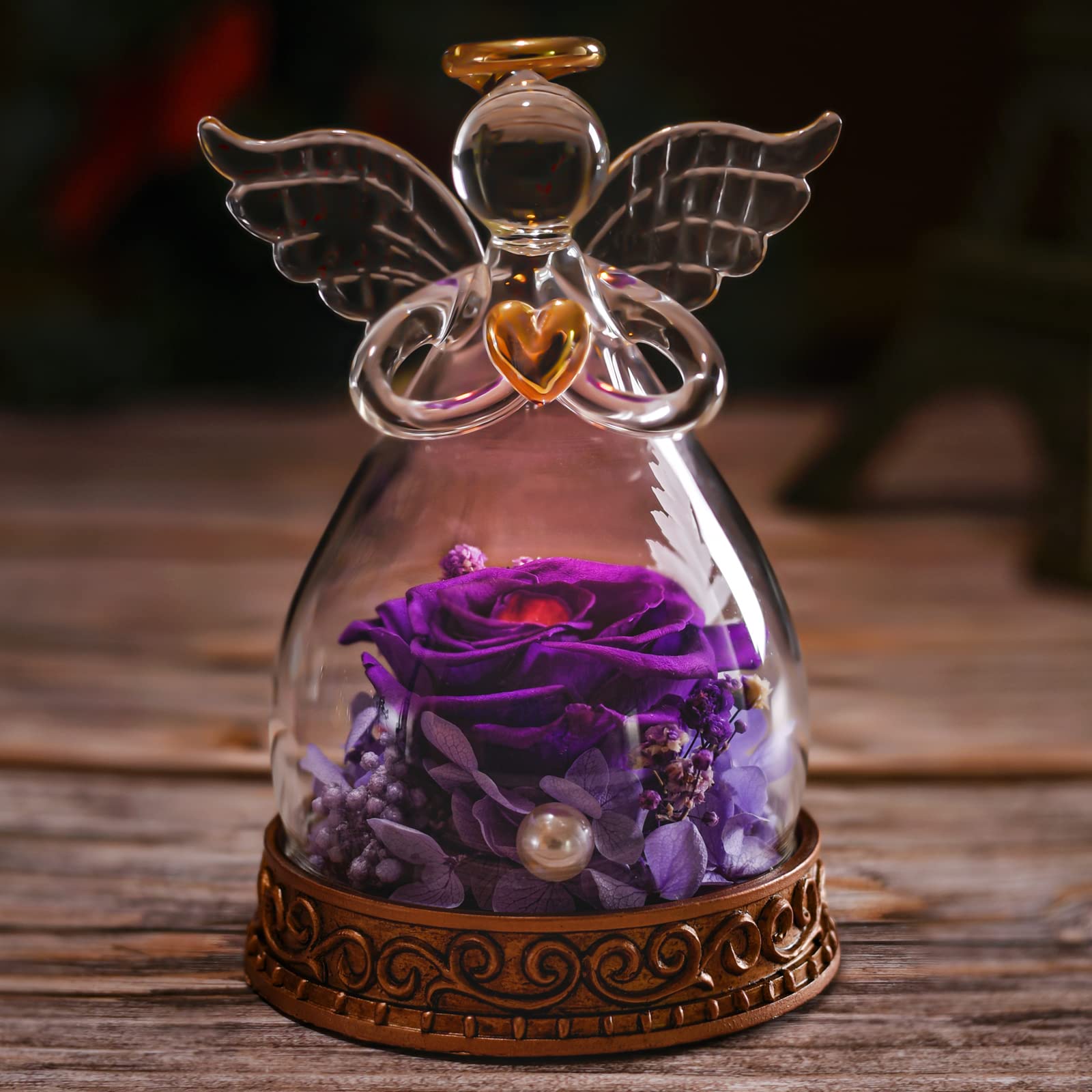 Real Preserved Rose in Glass Angel Figurine with LED Lights - Romantic Gift for Women, Mom, Grandma | Perfect for Mother's Day, Christmas, Birthday, Anniversary & Valentine's Day | Home Decor & Keepsake (Purple)