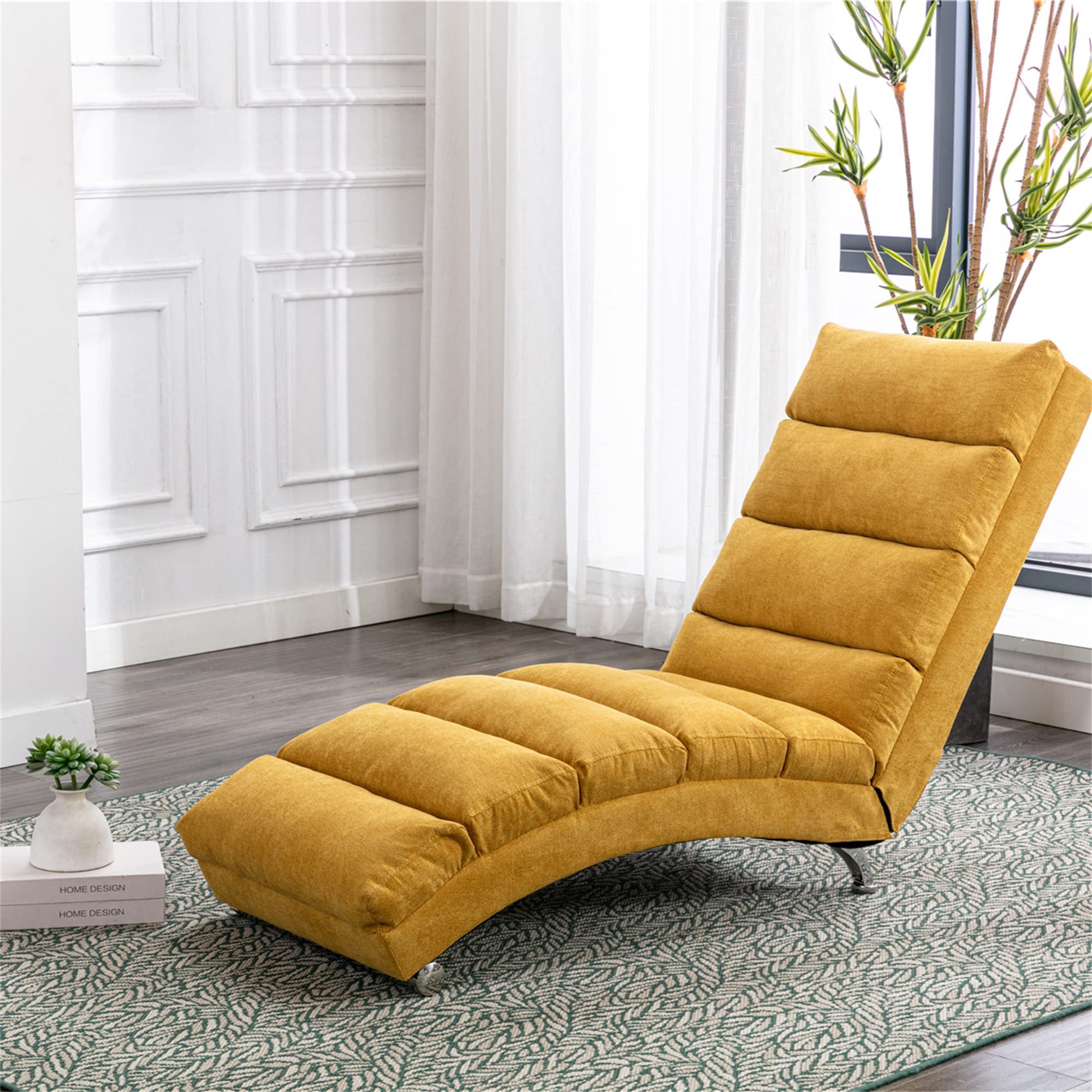 Modern Chaise Lounge Chair with Massage & Remote Control - Adjustable Recliner with Side Pocket - Single Sofa for Living Room, Office, Bedroom - Ergonomic Floor Lounger in Mustard Yellow - Perfect for Relaxing, Reading & Watching TV