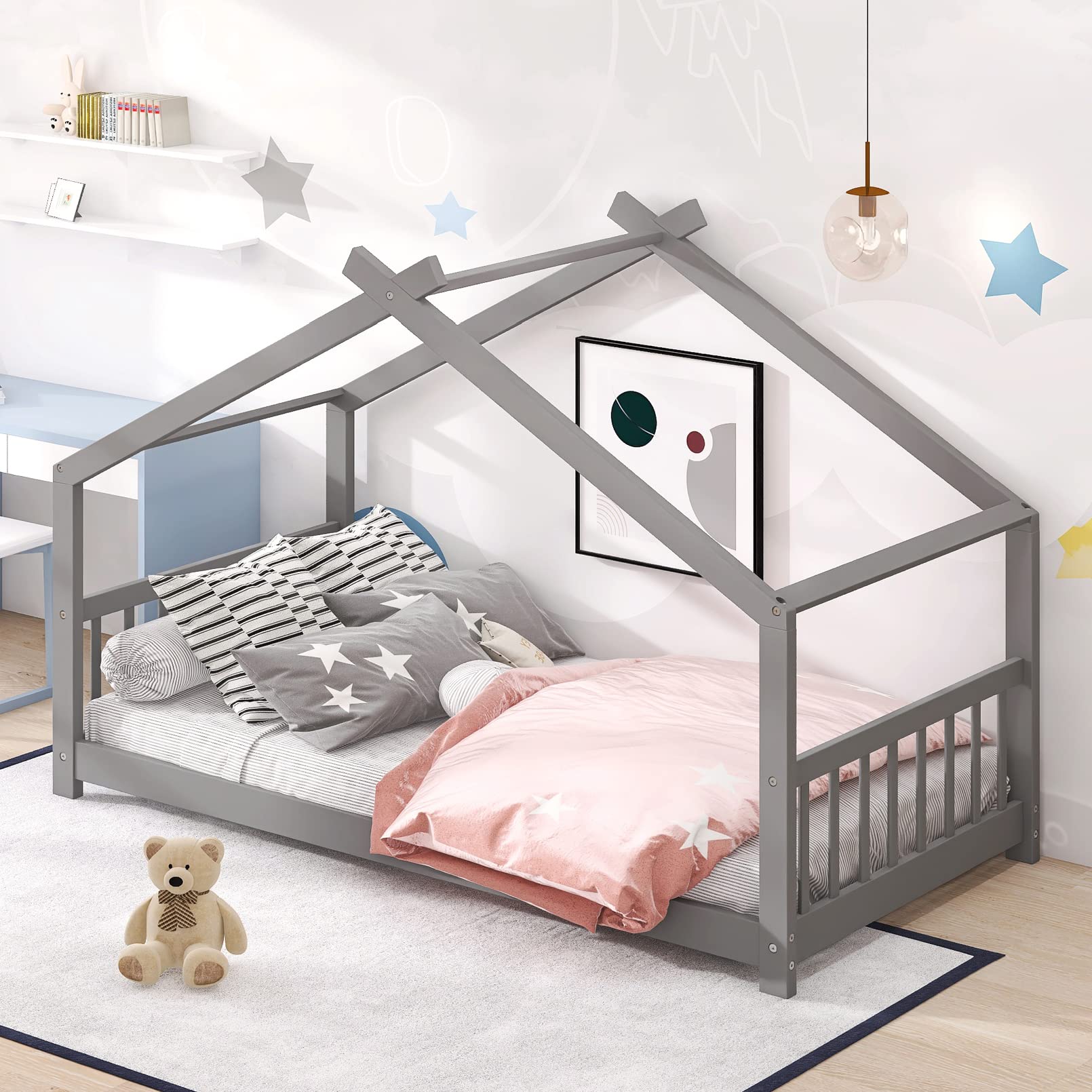 Twin Size Modern Wooden House Platform Bed Frame with Roof, Headboard & Footboard - Easy Assembly, Sturdy Solid Wood Support for Kids Bedroom (Gray) - Perfect for Boys & Girls Bedroom Decor, No Box Spring Needed