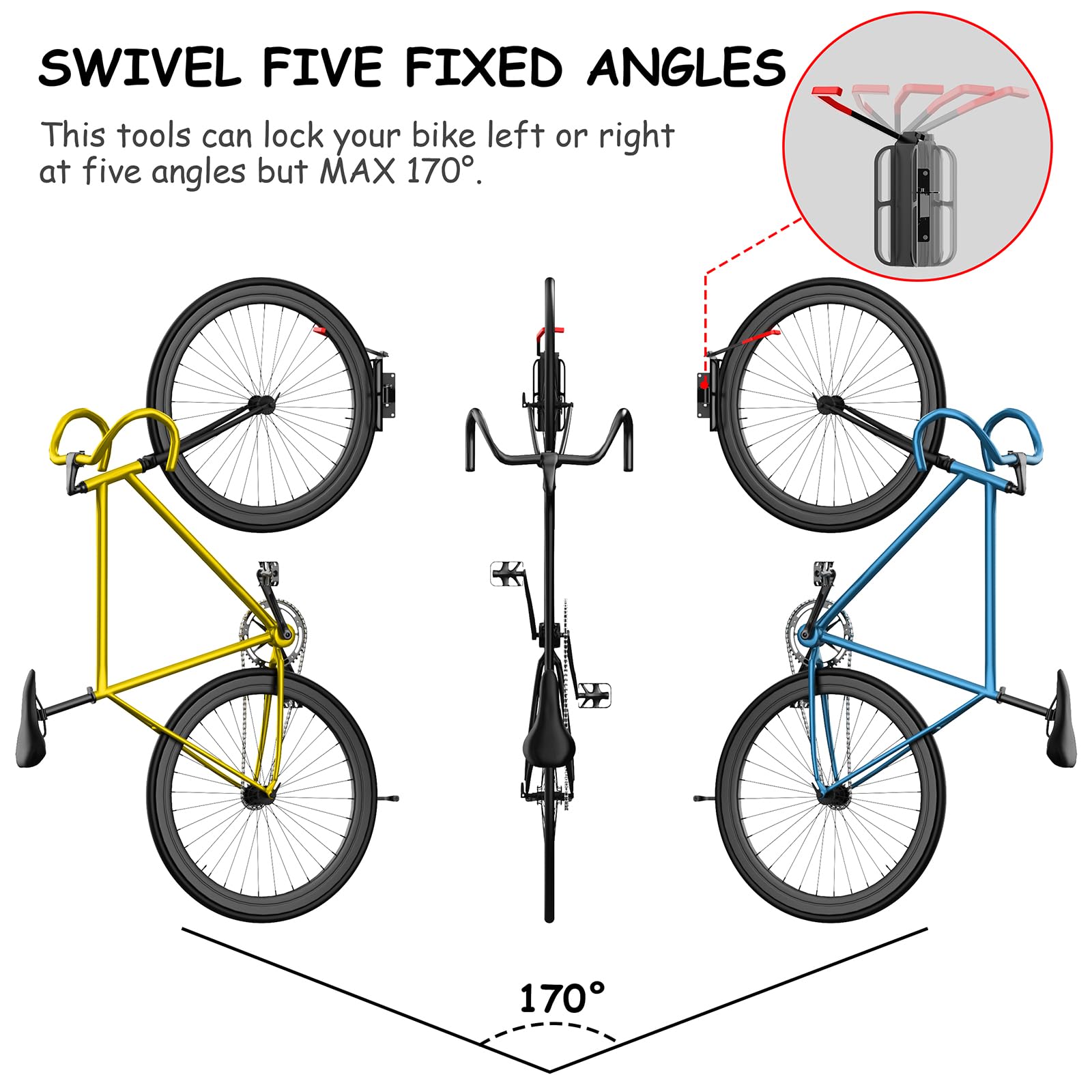 **2-Pack Wall Mounted Swivel Bike Rack with Tire Tray - 170° Adjustable Bike Hanger for Garage Storage - Vertical Bike Stand with 5 Secure Angles - Indoor/Outdoor Use for Home, Apartment, or Shed - Black**