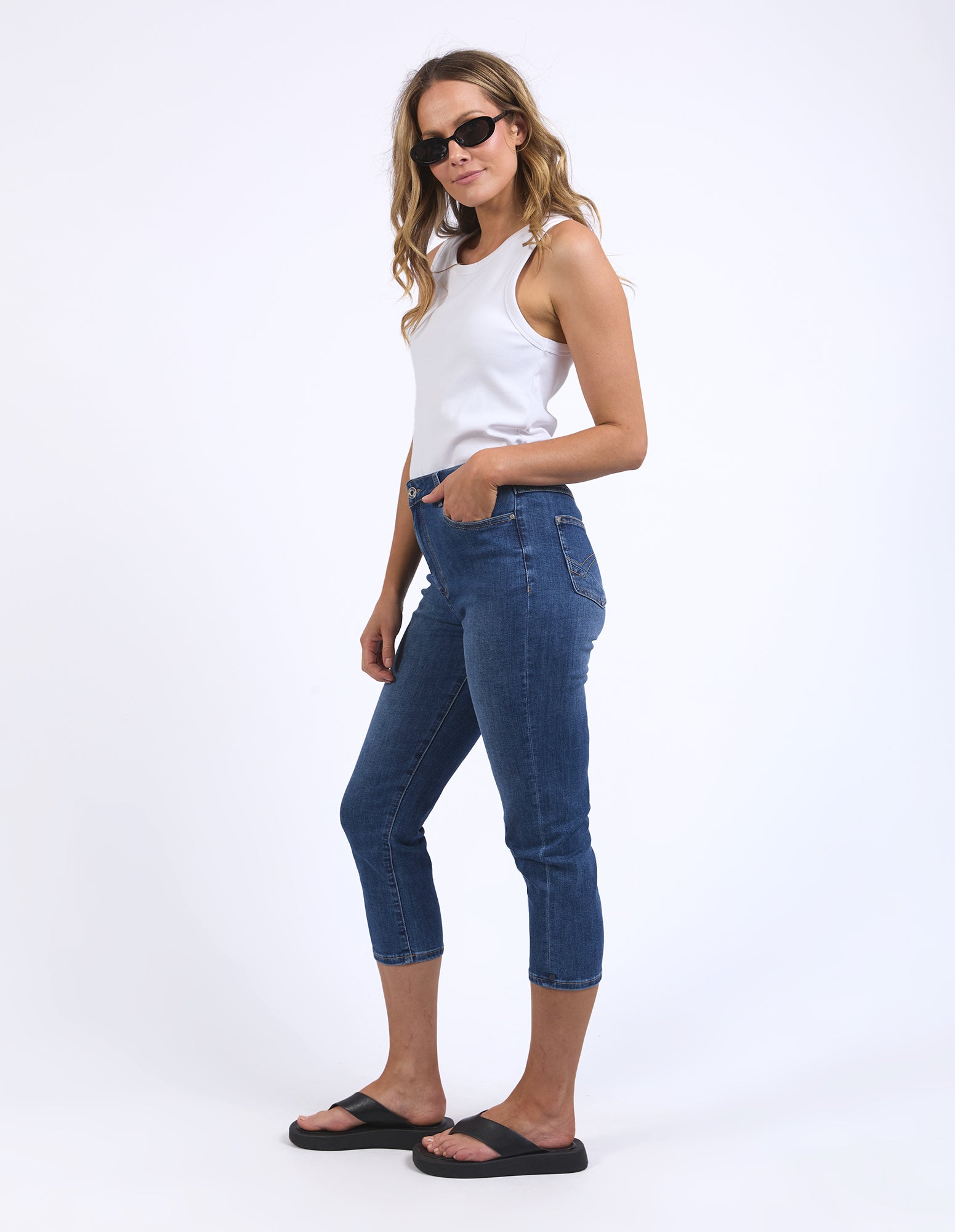 Elm Mollie Capri Jeans for Women - Mid Blue Wash Denim Pants | Comfortable Stretch Fit, Casual & Summer Style | Perfect for Outings, Beach Trips, and Everyday Wear