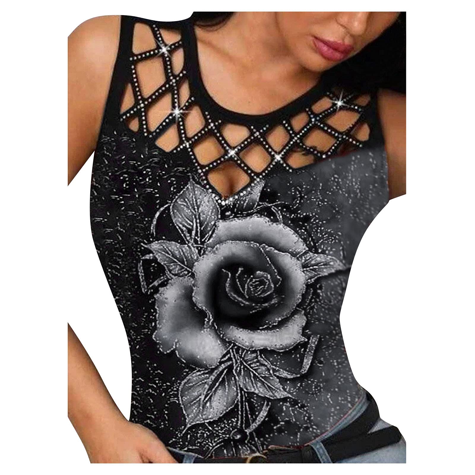 Women's Rhinestone Hollow Out Henley Tee - Sleeveless Summer Top with Casual Print & Lace Detail | Perfect for Beach Outings, Date Nights & Casual Wear