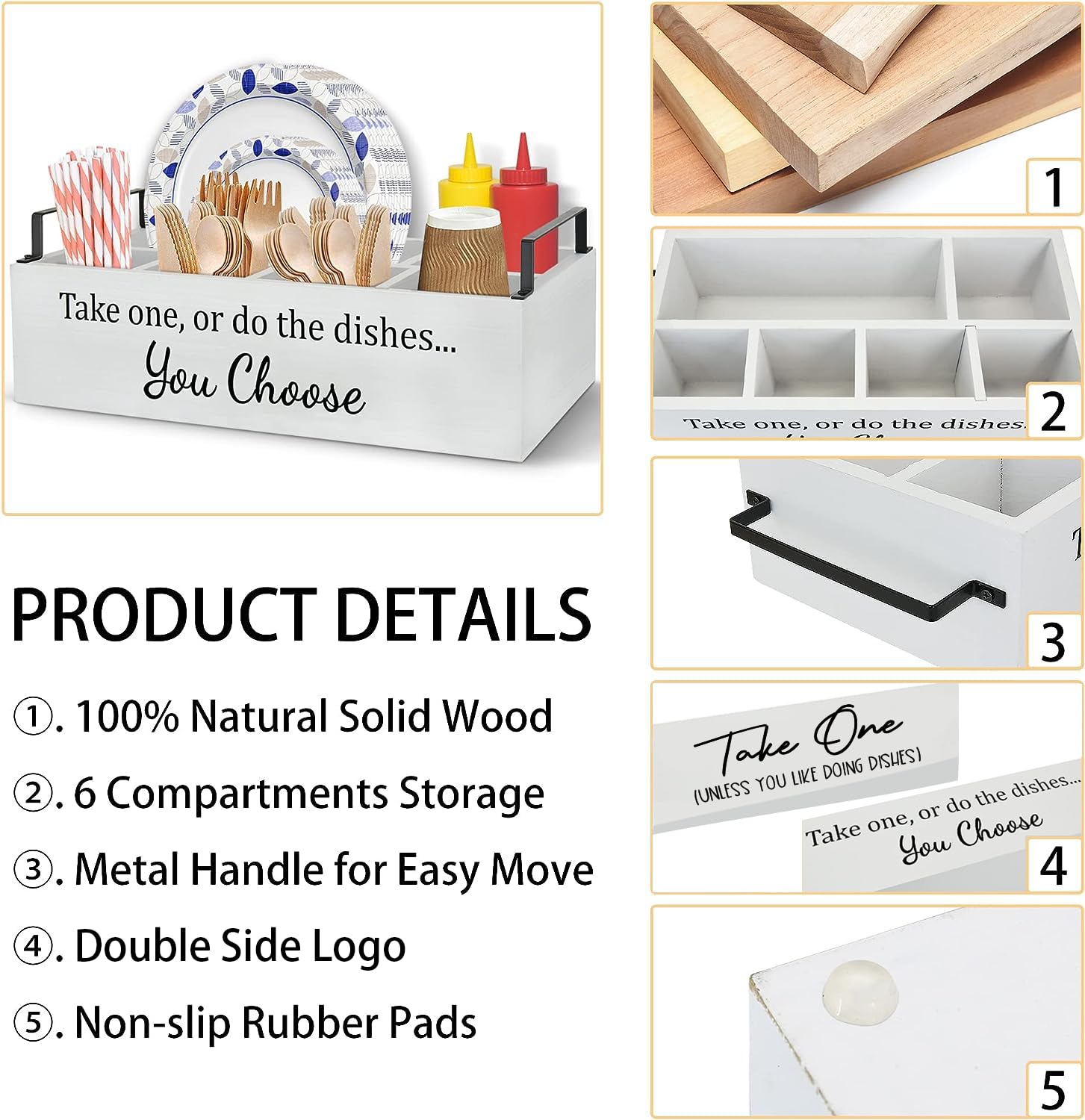 Wooden Paper Plate Holder for Kitchen Counter - Under Cabinet Organizer with Large Cup Holder - Perfect for Parties, Picnics & BBQs - Silverware & Utensil Caddy for Dining Room & Outdoor Events