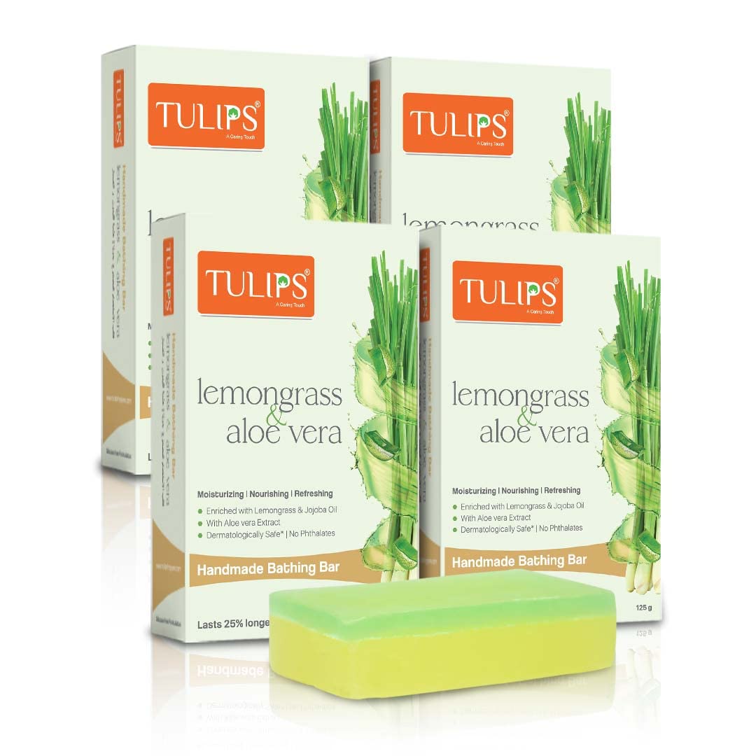 TULIPS Moisturizing Handmade Soap Bar with Lemongrass & Aloe Vera - Pack of 4 | Natural Skin Nourishing, Refreshing Bath & Shower Soap for Dry Skin Care | Perfect for Daily Use, Spa Days & Gift Giving