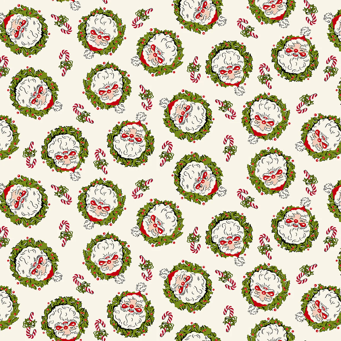 Buttermilk Basin Vintage Santa Wreaths Christmas Fabric - Cream Color by the Yard for Quilting, Holiday Decorations & DIY Crafts