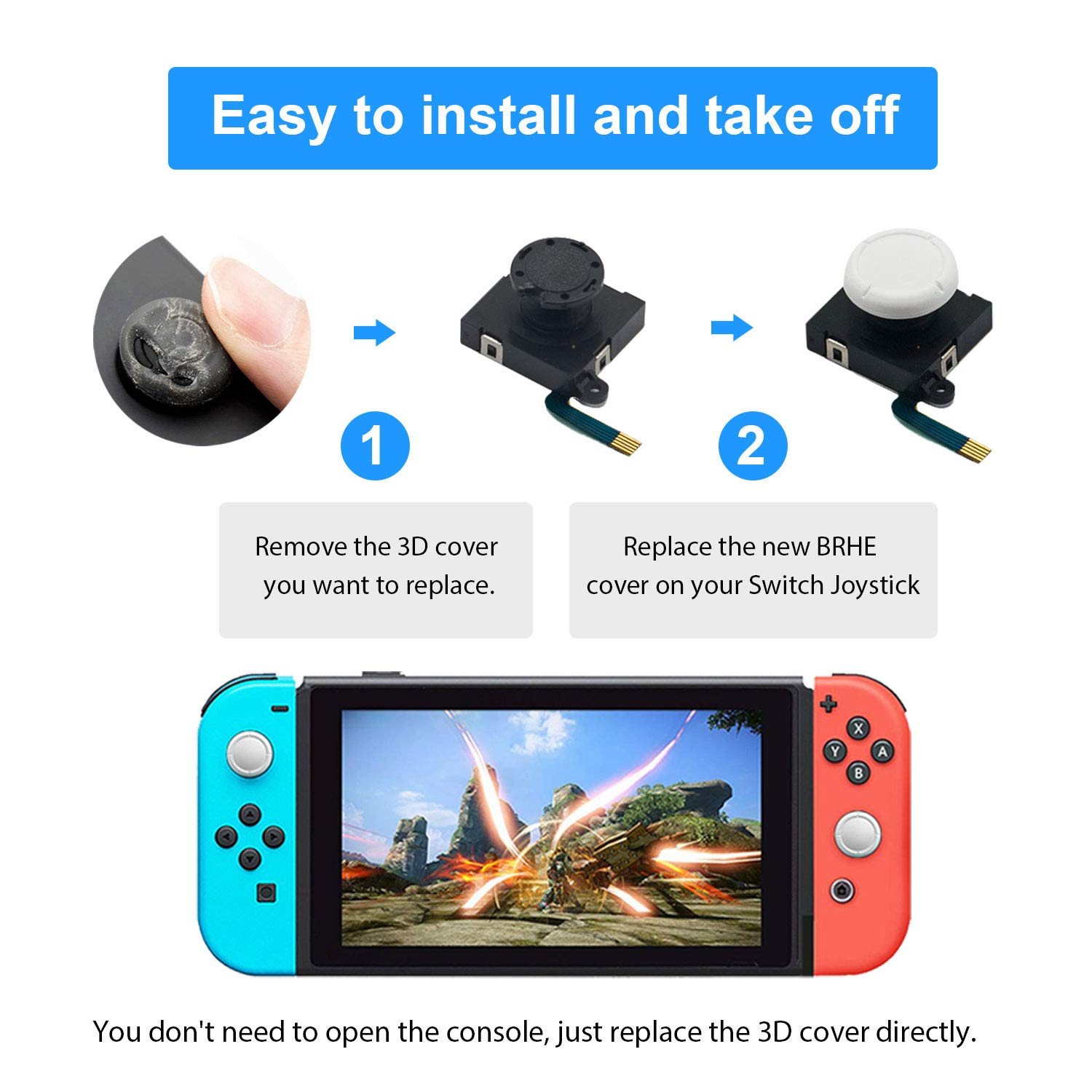 BRHE Replacement Thumb Grip Caps for Nintendo Switch & Switch Lite - 8-Pack White Silicone Rubber Joystick Cover Set for 3D Analog Sticks | Enhanced Grip & Comfort for Gaming, Travel, and Long Play Sessions