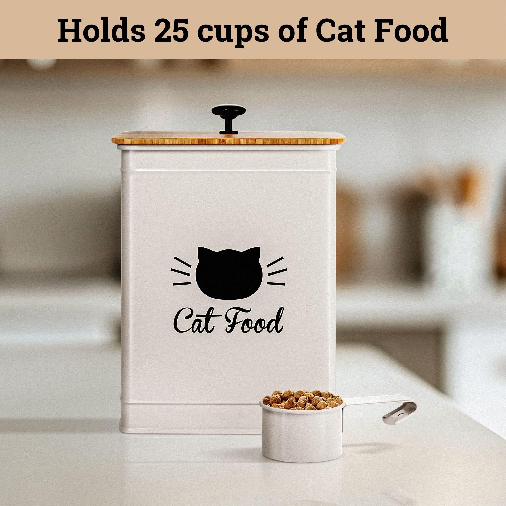 5-10 lb (25 Cup) Airtight Cat Food Storage Container with Metal Scoop & Bamboo Lid - Pet Food Dispenser for Dry Kibble - Perfect for Kitchen Pantry, Pet Travel & Fresh Food Preservation