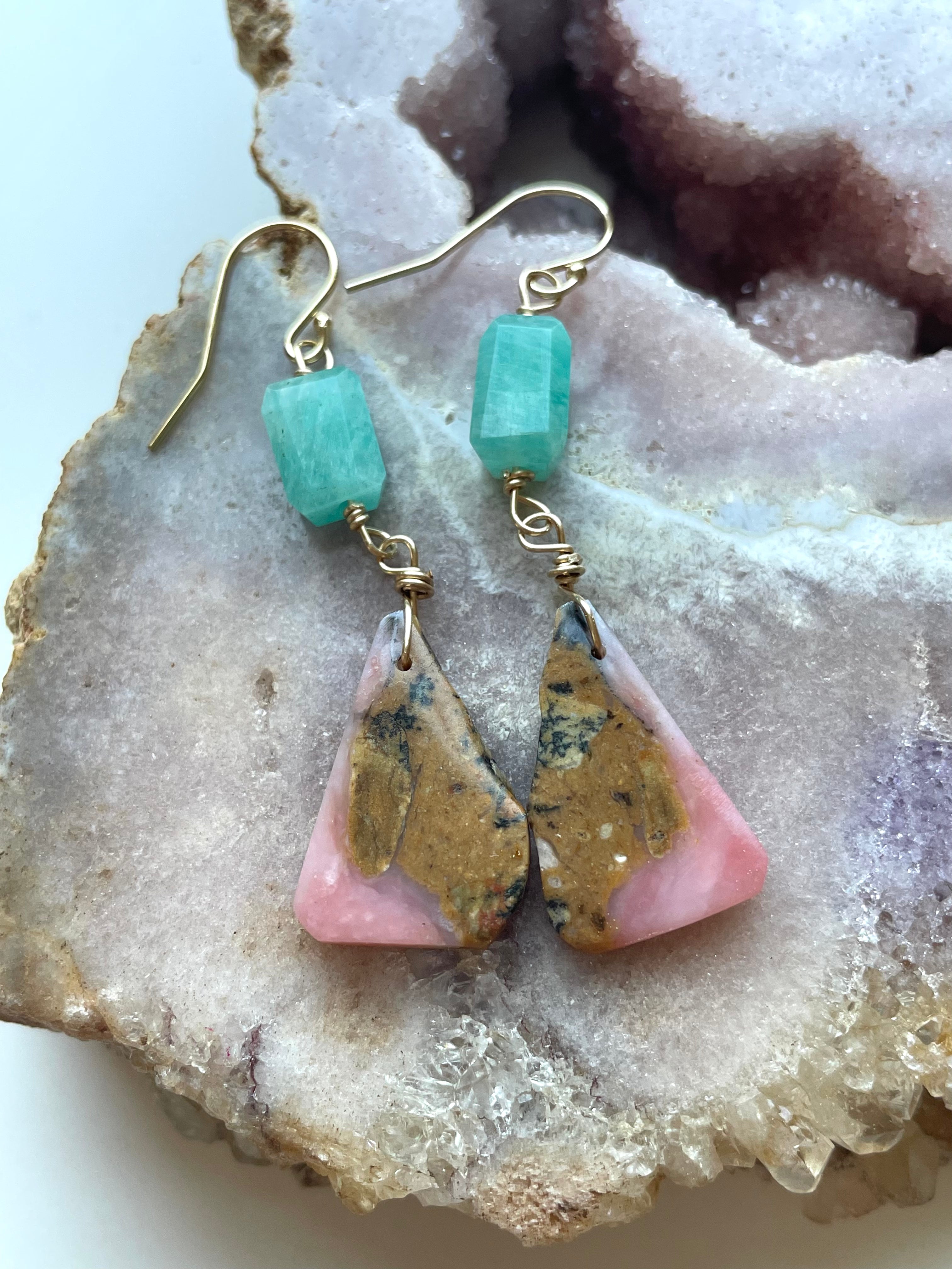 Unique Amazonite & Pink Opal Dangle Earrings in Gold Fill - Handmade Crystal Jewelry for Women - Perfect for Weddings, Parties & Special Occasions