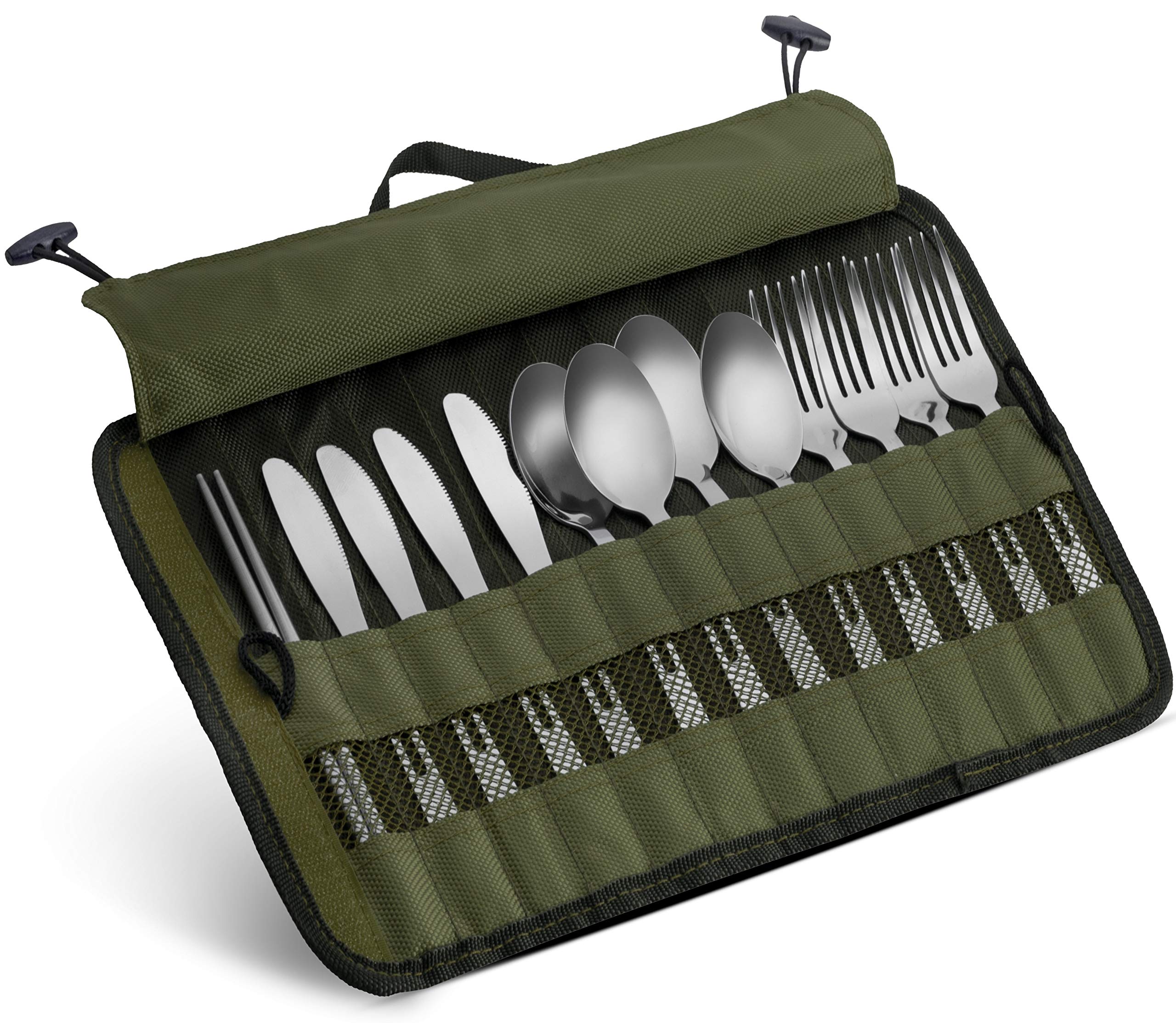 13-Piece Stainless Steel Cutlery Set with Travel Case - Forks, Spoons, Knives & Chopsticks - Perfect for Camping, Hiking, BBQs, Picnics & Outdoor Dining - Durable Green Nylon Commuter Case