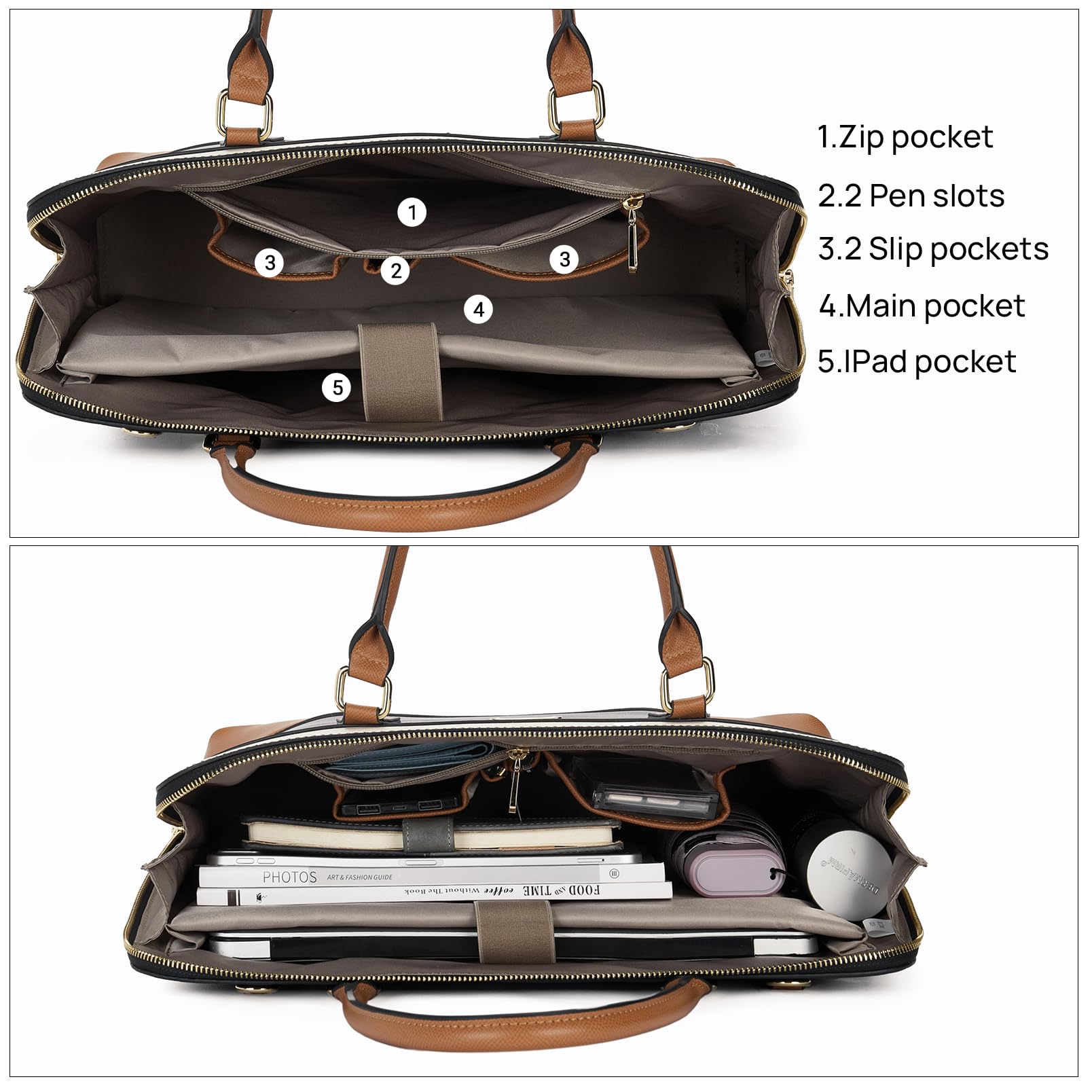 Telena 15.6 Inch Leather Laptop Tote Bag for Women - Professional Shoulder Briefcase with Large Capacity, Stylish Black & Brown Handbag (TLB0122204-01) - Perfect for Work, Business Meetings & Travel