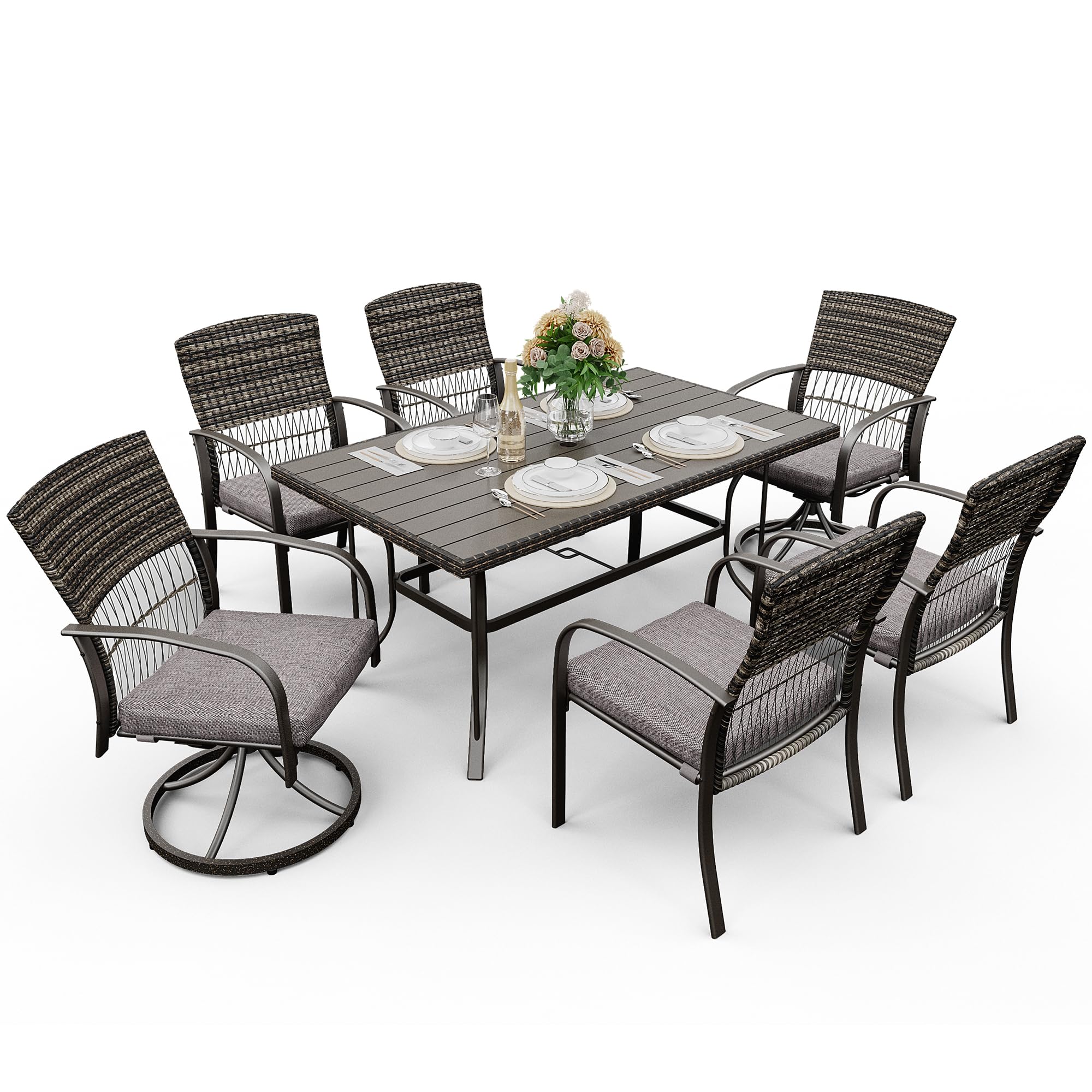 Pamapic 7-Piece Outdoor Dining Set - Rattan Patio Furniture with Iron Table, 4 Swivel Chairs & 2 Wicker Chairs - Removable Cushions (Gray) - Perfect for Backyard, Garden, Poolside & Outdoor Entertaining