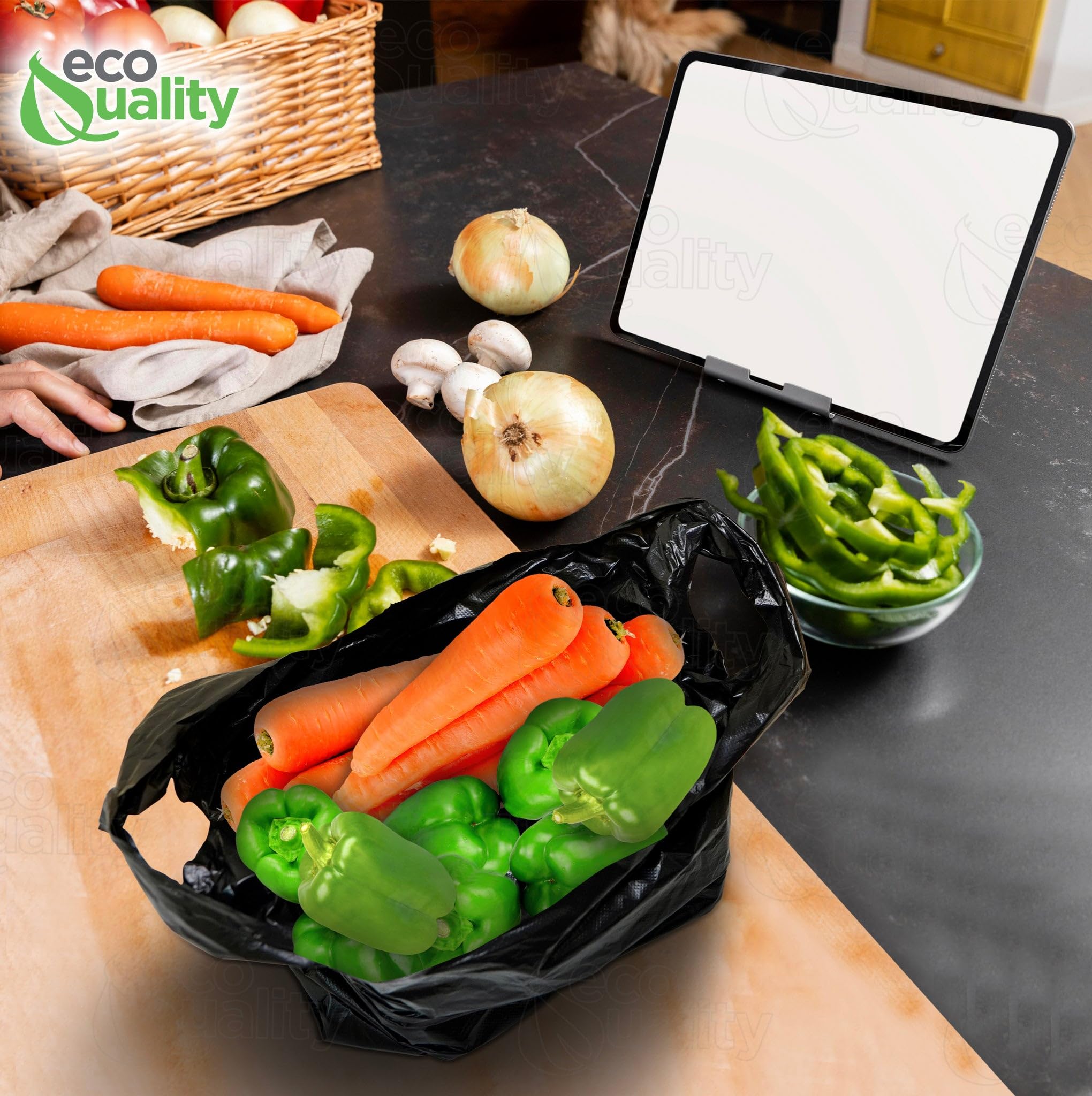 EcoQuality Plastic Black T-Shirt Bags 3000 Count - 1/10 Size Reusable Shopping Bags, Grocery Bags, Poly Bags (8x4x16 Inches, 13 Micron) - Perfect for Retail Stores, Supermarkets, Takeout & Home Organization