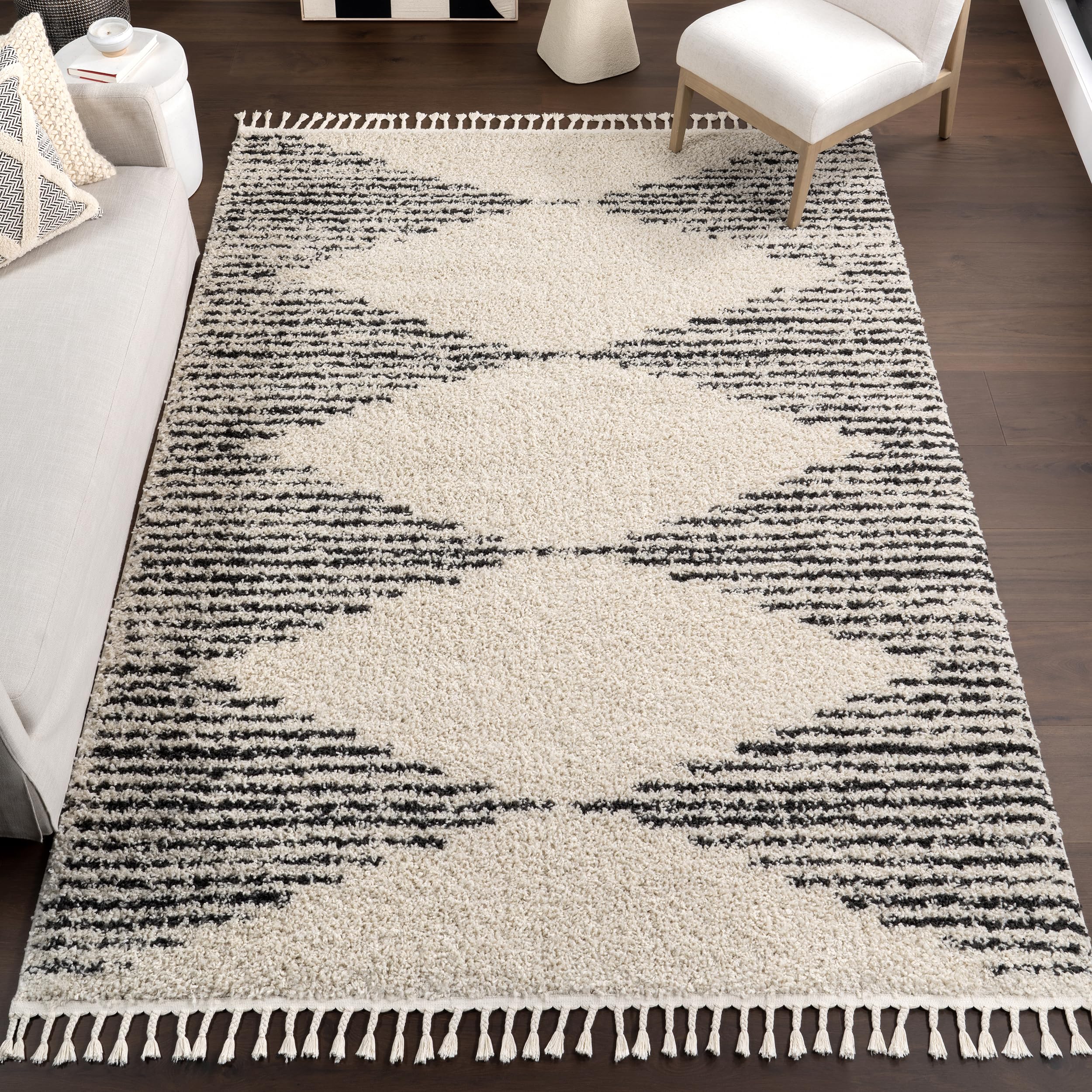 nuLOOM Bria Moroccan Shag Tasseled Area Rug - 10'x10' Square Soft Plush Modern Contemporary Off-White Charcoal Rug for Living Room, Bedroom, Dining Room, Nursery - Perfect for Cozy Home Decor & Family Gatherings