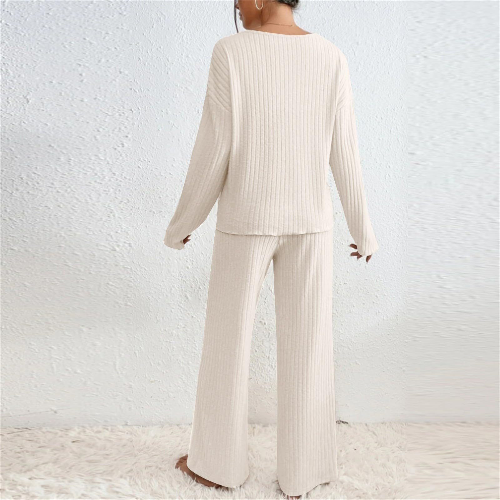 Women's 2-Piece Ribbed Knit Lounge Set - Long Sleeve Top & Pants Pajama Set | Soft Casual Sleepwear for Fall & Winter | Perfect for Home Relaxation, Lounging & Sleepovers