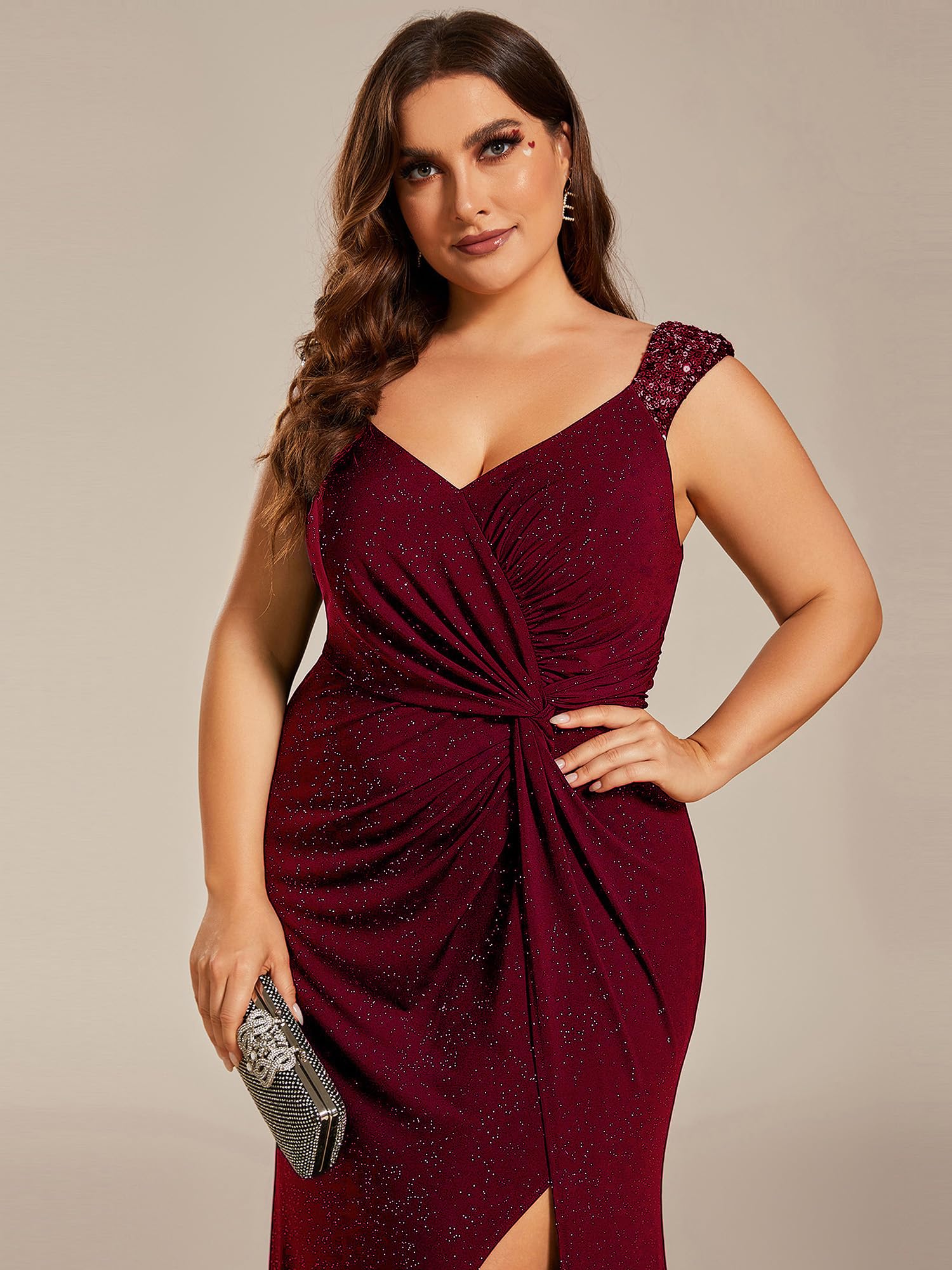Ever-Pretty Plus Size V-Neck Glitter Bodycon Evening Dress with High Slit - Formal Ball Gown for Curvy Women 01888-DA | Perfect for Prom, Homecoming, Black Tie Events & Special Occasions