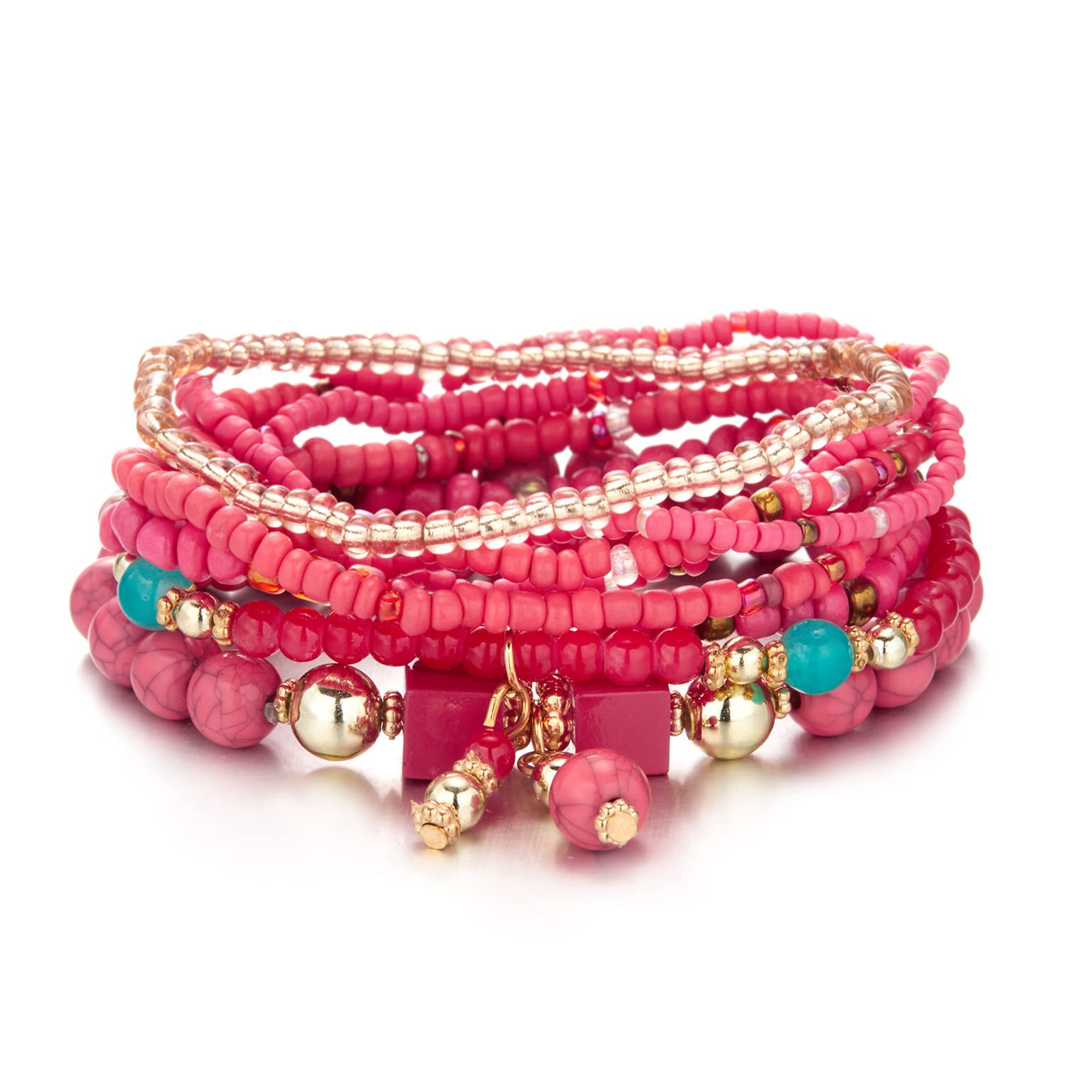 Boho Bracelets for Women - 6 Sets Bohemian Stackable Beaded Stretch Bracelets with Multicolor Pendant Charms & Tassels - Handmade Layered Jewelry Set for Casual Wear, Music Festivals & Beach Outfits