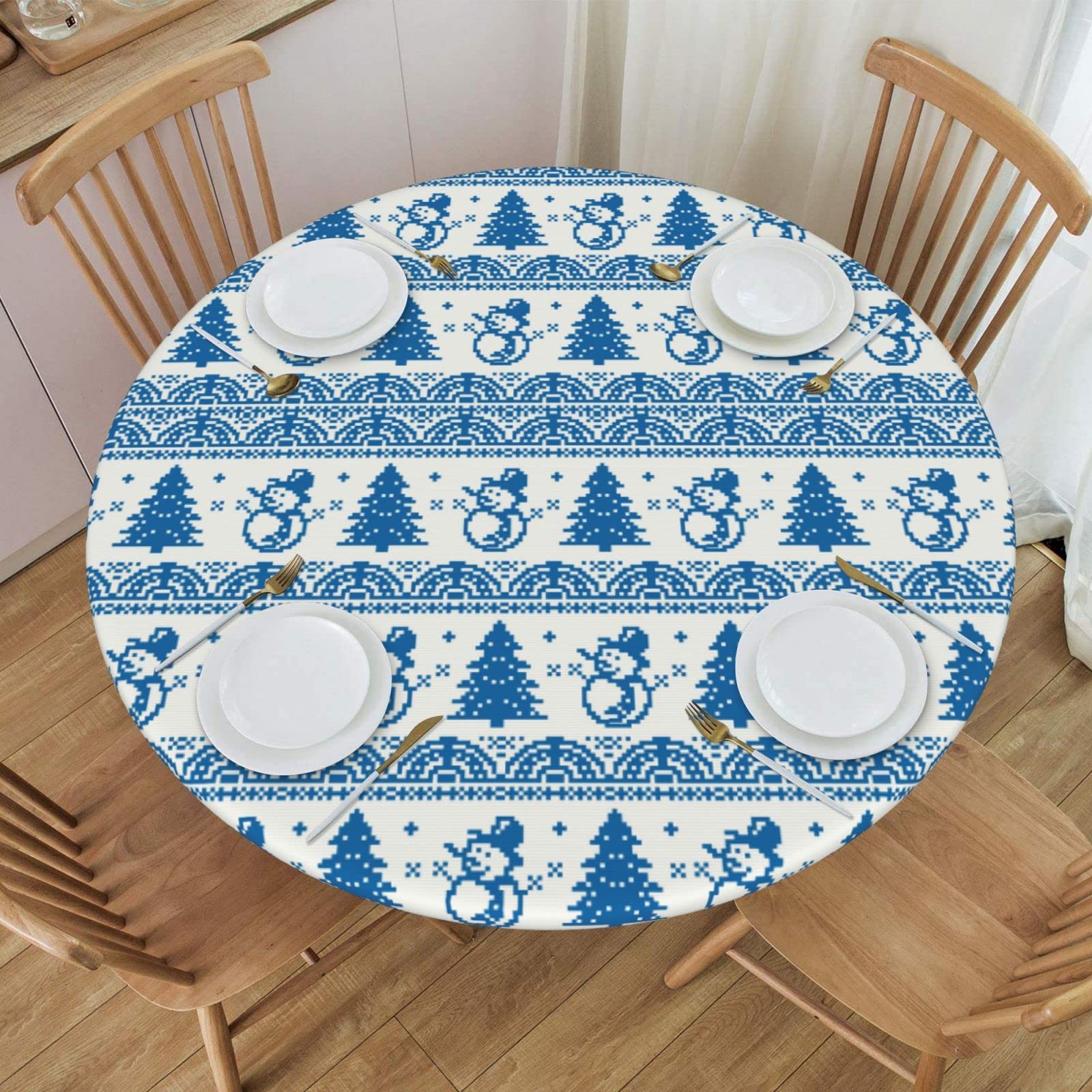 Fiokroo Christmas Trees & Snowman Elastic Edge Round Tablecloth - Washable & Reusable Holiday Table Cover for Kitchen, Dining, Party, Picnic (Small) - Perfect for Christmas Decorations, Family Gatherings & Festive Celebrations