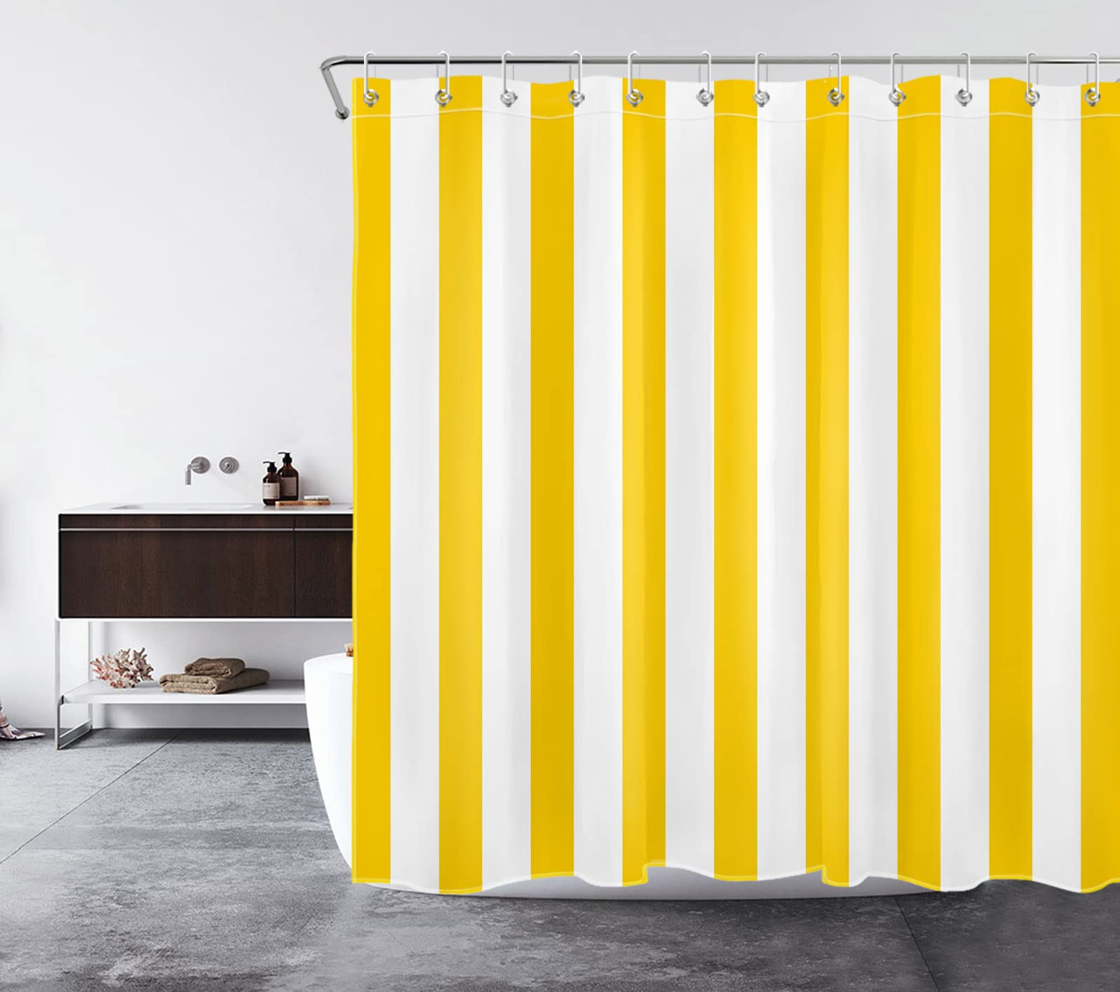 HVEST Yellow and White Striped Shower Curtain - 72x72 Inch Modern Minimalist Bathroom Decor with Hooks | Waterproof Polyester Fabric for Stylish Bathroom Upgrade - Perfect for Contemporary Homes & Guest Bathrooms
