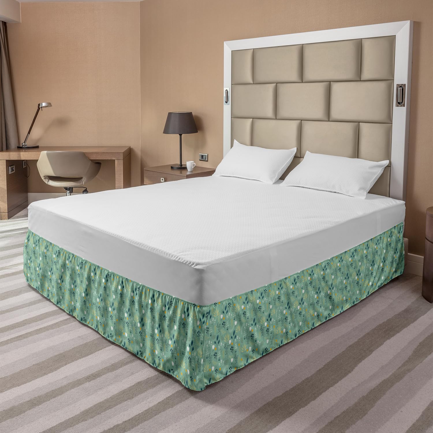 Ambesonne Floral Bed Skirt - King Size Spring Summer Leaf Tulip Petal Design Wrap Around Elastic Gathered Bedroom Decor in Turquoise Teal Marigold | Perfect for Guest Rooms, Master Bedrooms & Vacation Homes