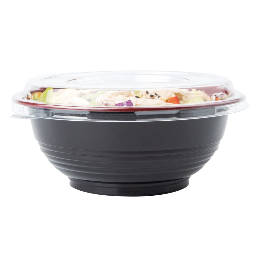 Restaurantware 18oz Disposable Food Containers - 200 Pack Salad Bowls with Lids, Microwave Safe Black & Red Plastic To-Go Bowls | Perfect for Asian Cuisine, Picnics, Takeout, Catering & Meal Prep