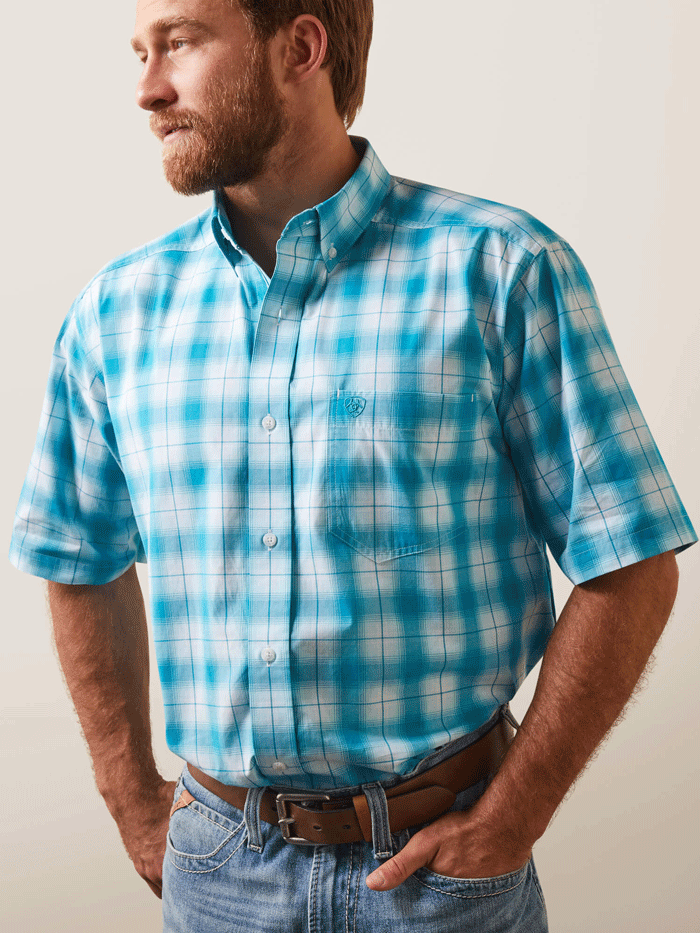 Ariat Men's Pro Series Khari Classic Fit Short Sleeve Shirt - Enamel Blue | Western Work Shirt for Ranch, Rodeo & Outdoor Activities