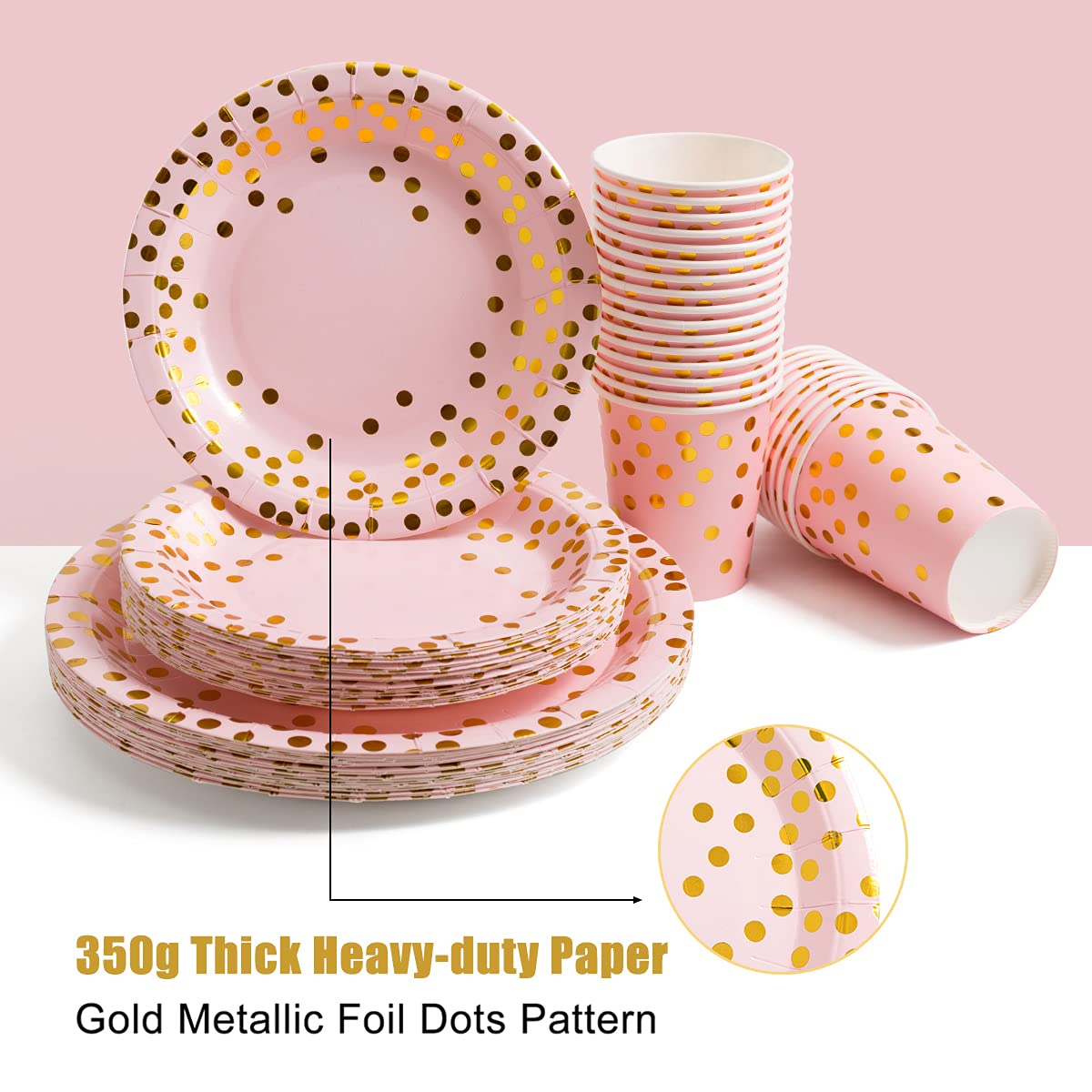 Pink and Gold Party Supplies Set - 175Pcs Disposable Paper Plates, Cups, Napkins with Gold Dots & Gold Plastic Cutlery for Baby Shower, Wedding, Bridal Shower - Serves 25 Guests - Perfect for Elegant Celebrations and Special Occasions