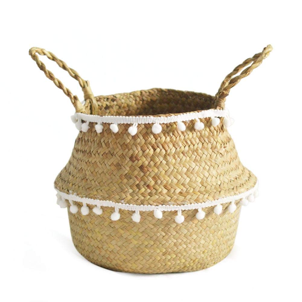 Hand Woven Seagrass Belly Basket with Tassel - Natural Storage Basket for Picnic, Groceries & Home Decor | Macrame Plant Pot Cover & Beach Bag | Small Size, Ivory White | Perfect for Boho Home, Beach Outings & Organizing Essentials