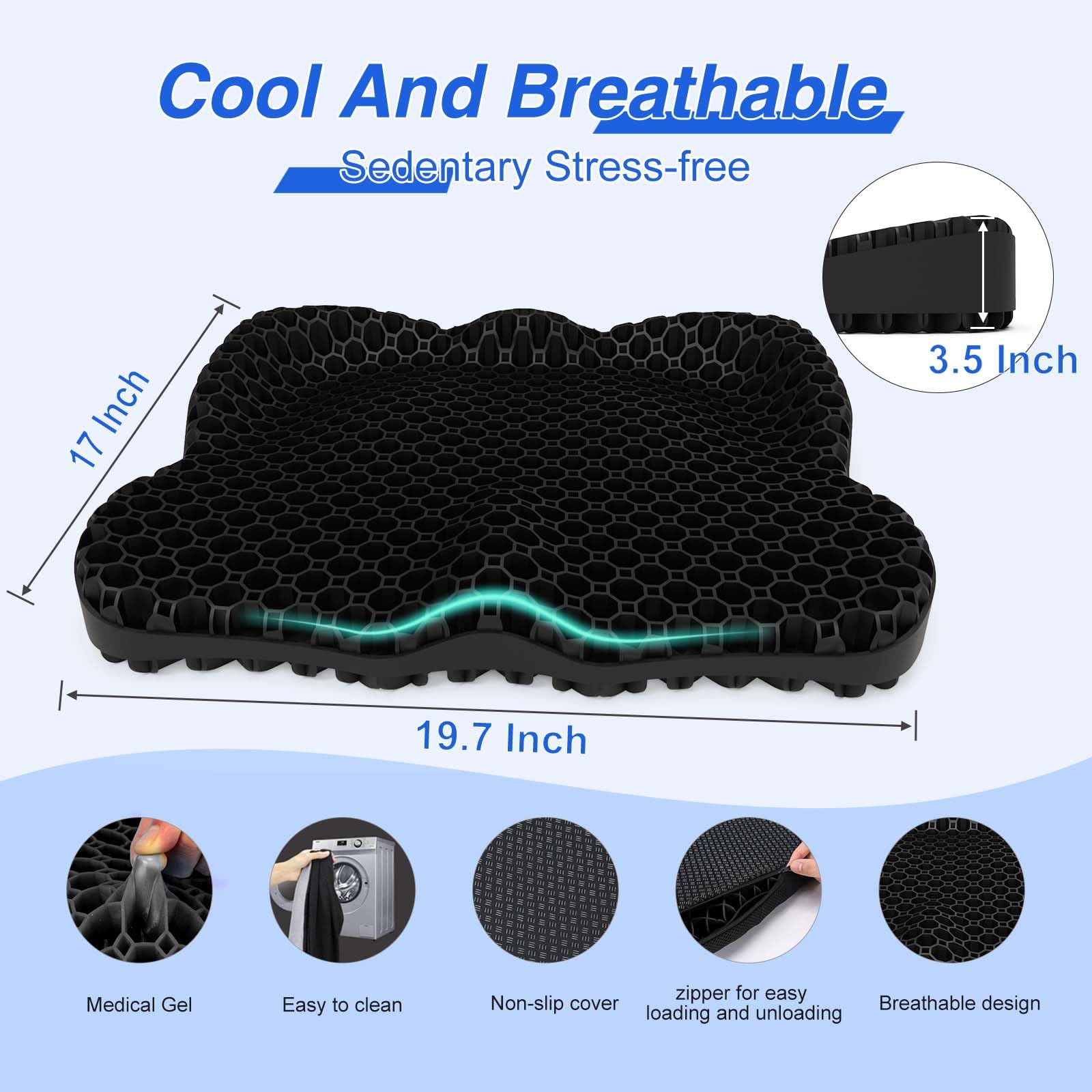 19.7in Thickened Gel Seat Cushion for Office Chair, Wheelchair & Car - Cooling Comfort for Back Pain, Sciatica & Tailbone Relief - Perfect for Long Sitting at Work, Driving or Home Use