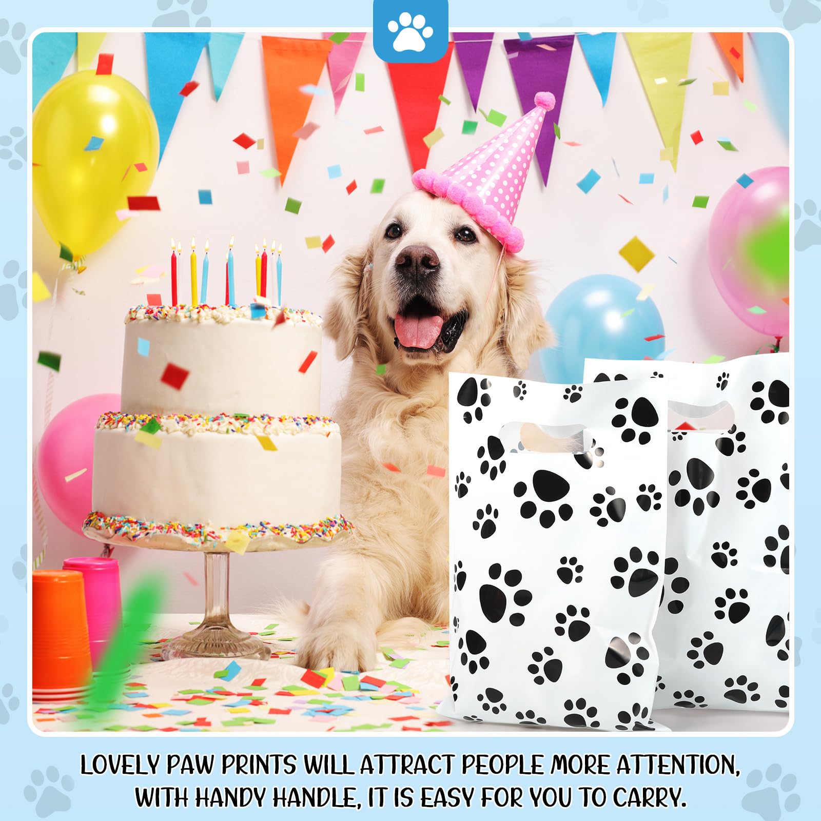 Pasimy 100 Pcs Dog Paw Print Plastic Treat Bags with Handle - Bulk Pet Party Favor Candy Goodie Bags for Dog Birthday, Puppy Shower & Holiday Celebrations (White & Black) - Perfect for Dog Treats, Party Decorations & Gift Giving