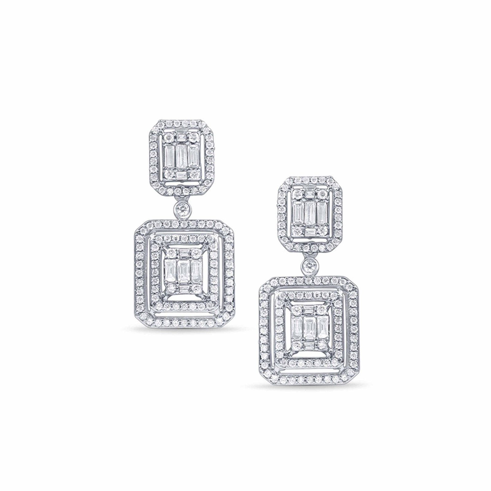 18K White Gold Double Baguette Diamond Halo Drop Earrings - Elegant Dangle Earrings for Weddings, Parties & Special Occasions