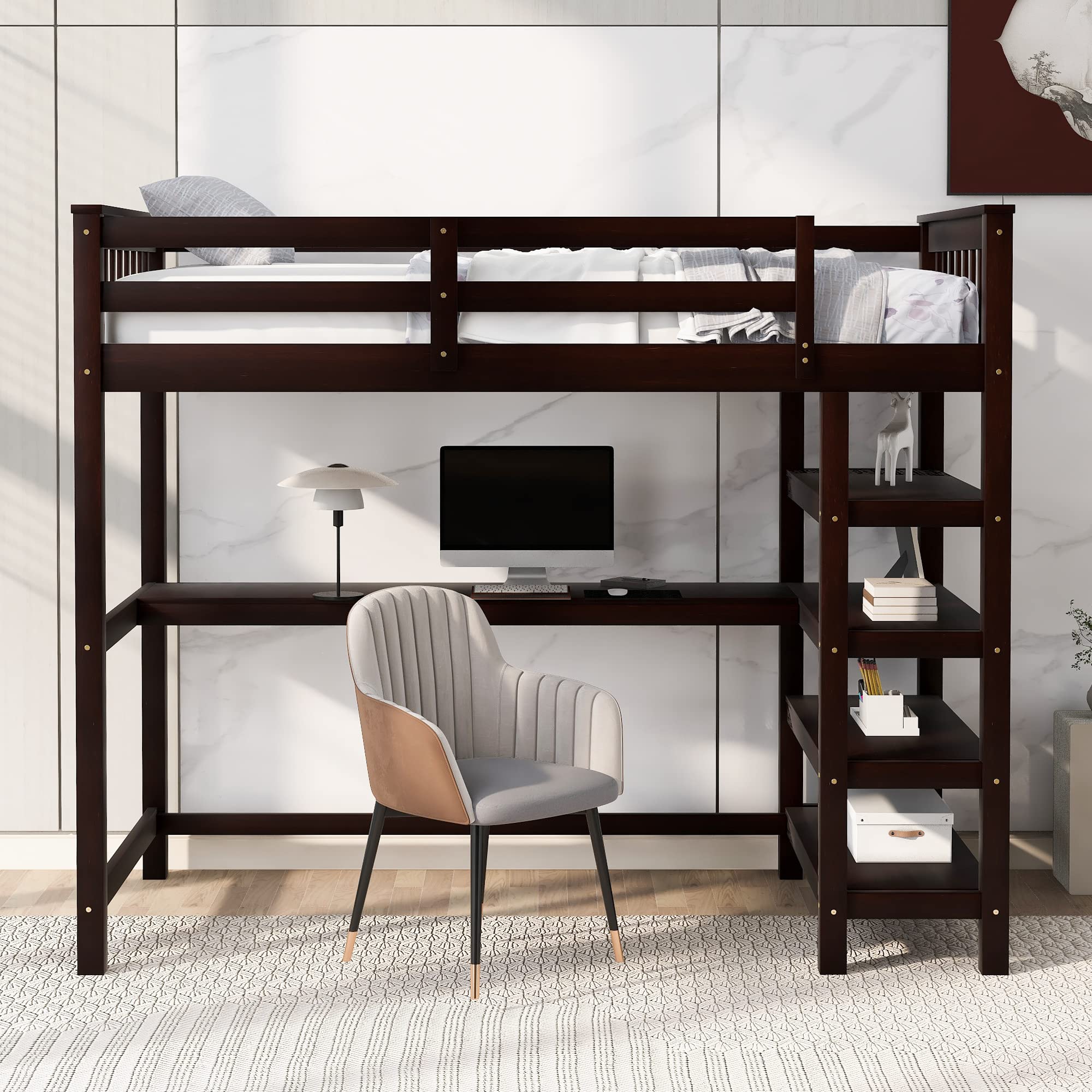Harper & Bright Designs Twin Loft Bed with Desk & Storage - Space-Saving Wooden Bunk Bed with Ladder for Kids, Teens & Adults - Perfect for Small Bedrooms, Dorms & Studio Apartments (Espresso Finish)