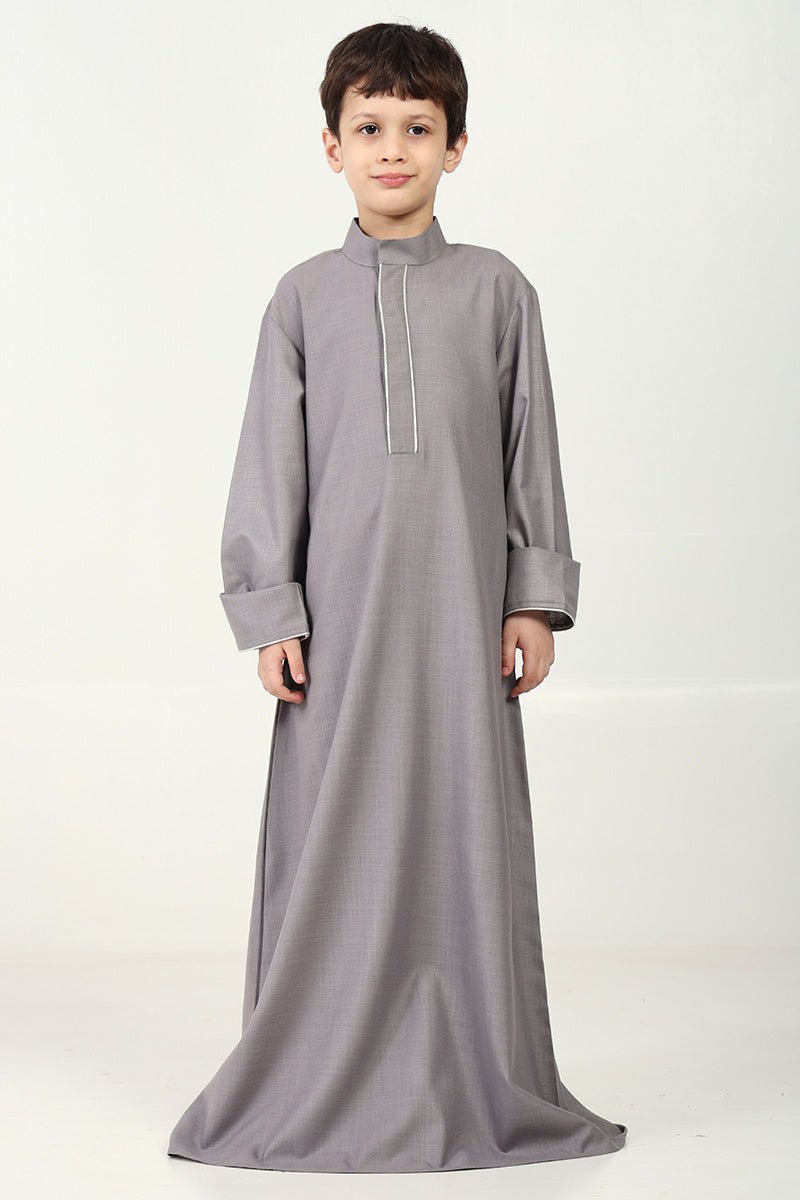 Boys' Grey Polyester Poplin Thobe with Silver Thread Trim - Perfect for Eid, Weddings & Special Occasions