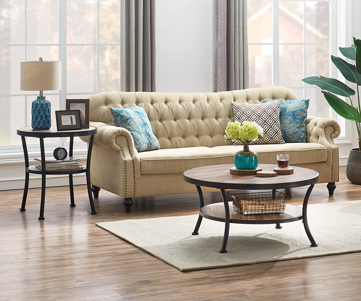 Rustic Round Coffee Table and End Table Set - 2-Piece O&K Furniture for Living Room, Lounge & Farmhouse Decor