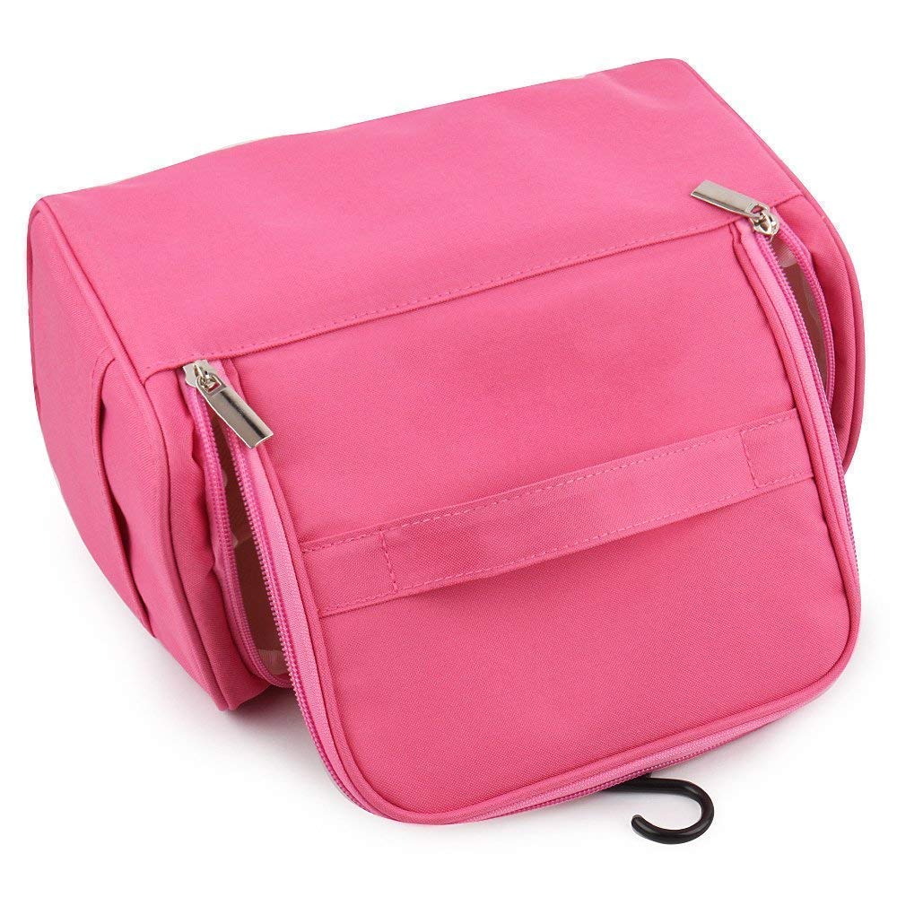 Double Layer Cosmetic Makeup Bag for Women - Waterproof Travel Toiletry Organizer with Hanging Hook | Perfect for Travel, Gym & Daily Use | Pink Makeup Brush Pouch & Grooming Kit (Pink)