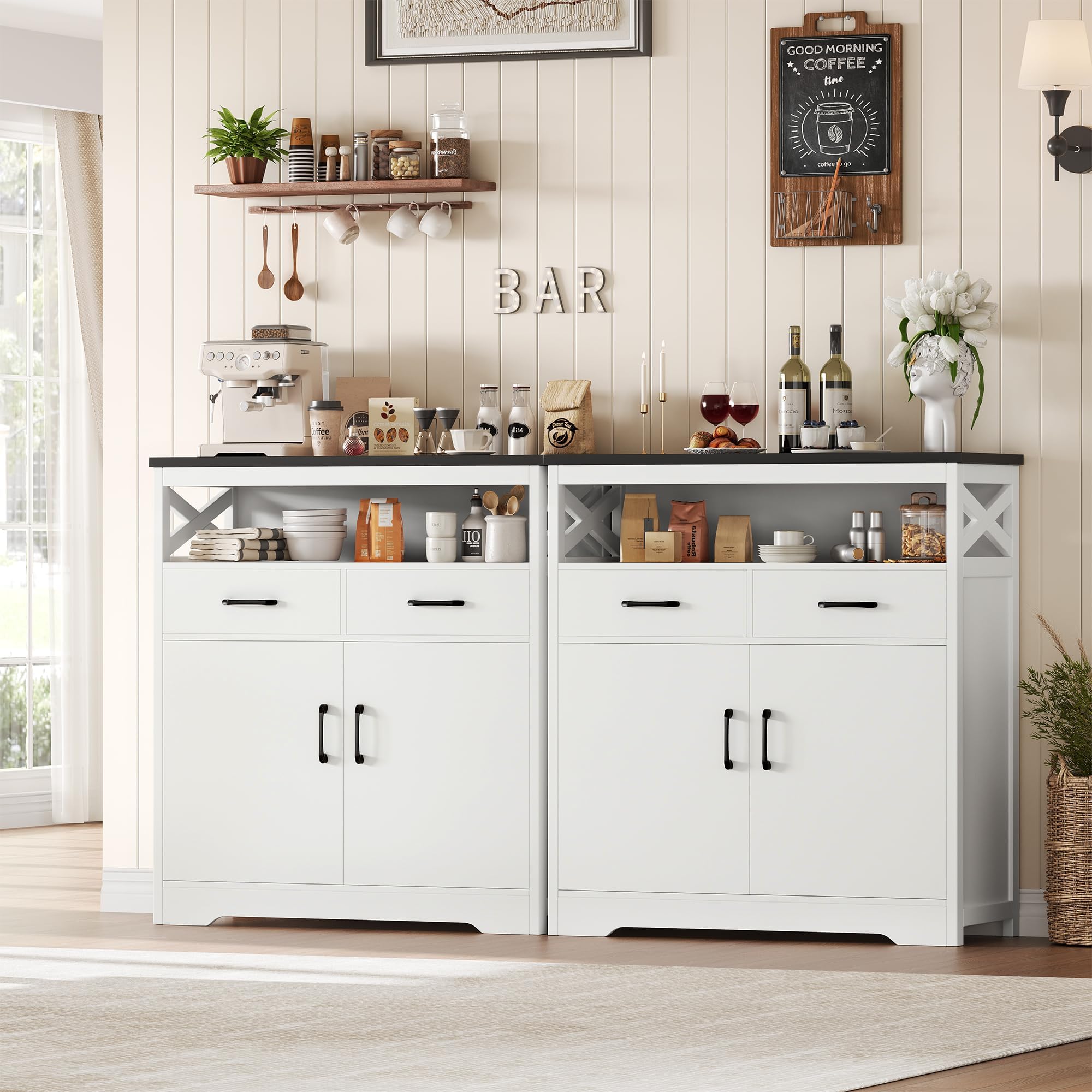 Modern Farmhouse Buffet Sideboard - Wood Kitchen Storage Cabinet with Shelves, Doors & Drawers - White and Black Coffee Bar Cabinet for Living Room, Dining Room & Home Decor - Perfect for Entertaining, Storage & Display