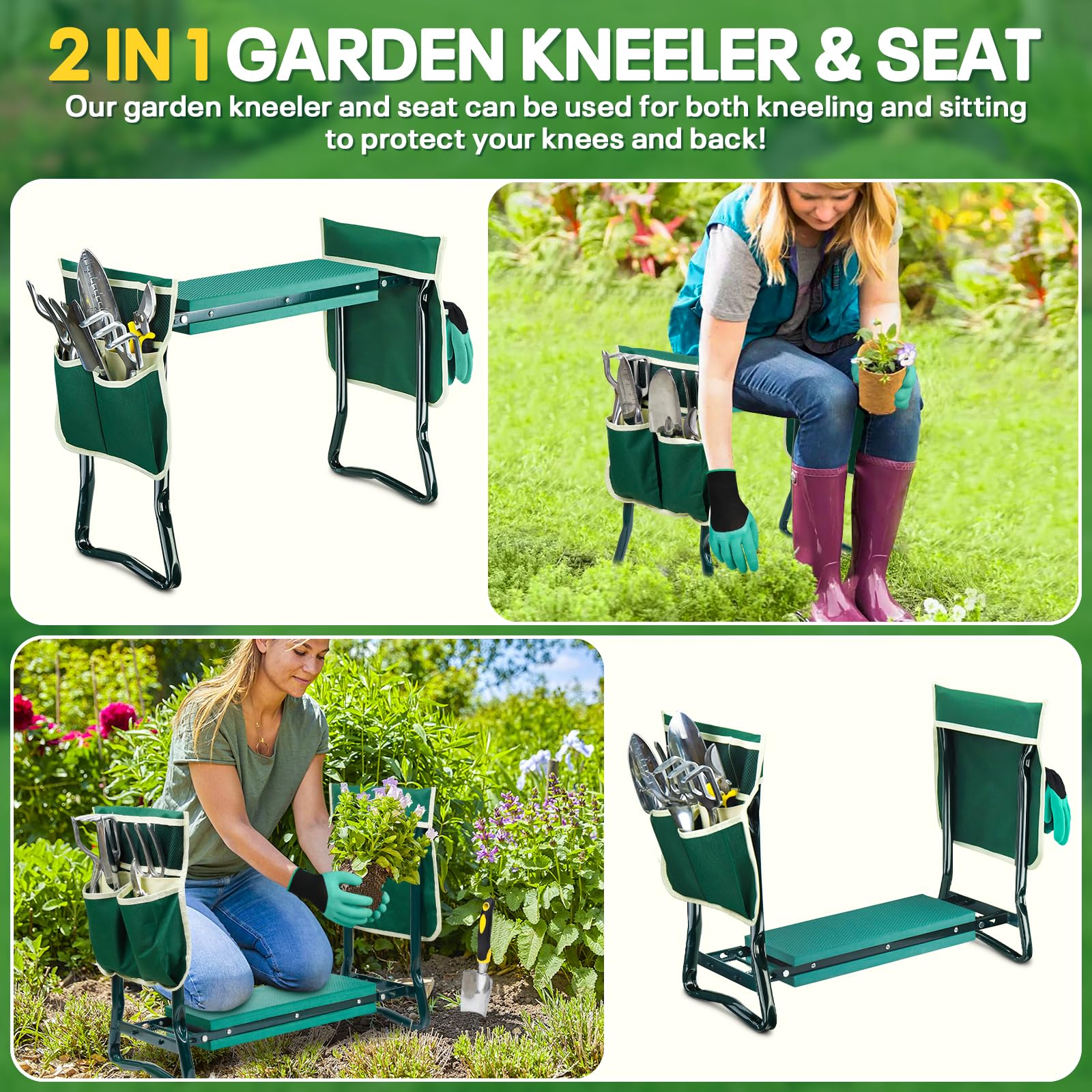 EAONE Foldable Garden Kneeler and Seat with Soft Kneeling Pad - Gardening Stool Bench with Hand Tools, Gloves & Tool Pouches - Ideal Gardening Gifts for Men & Women - Protects Knees & Back - Perfect for Planting, Weeding & Outdoor Yard Work