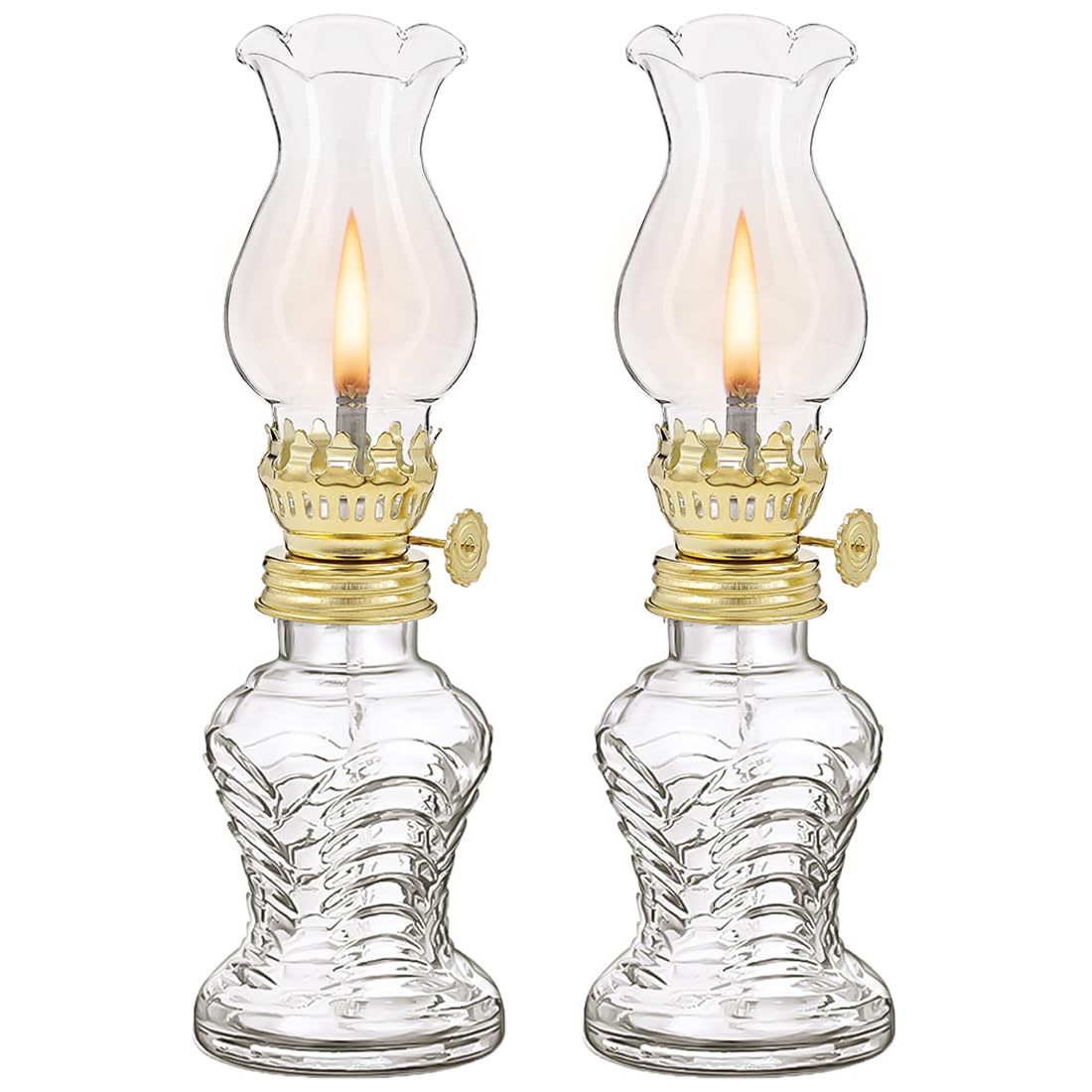 2 Pack Vintage Clear Glass Oil Lamps - Decorative Kerosene Hurricane Lanterns for Indoor Tabletop Decor, Emergency Lighting & Power Outages - Perfect for Home, Camping & Romantic Ambiance (Clear)
