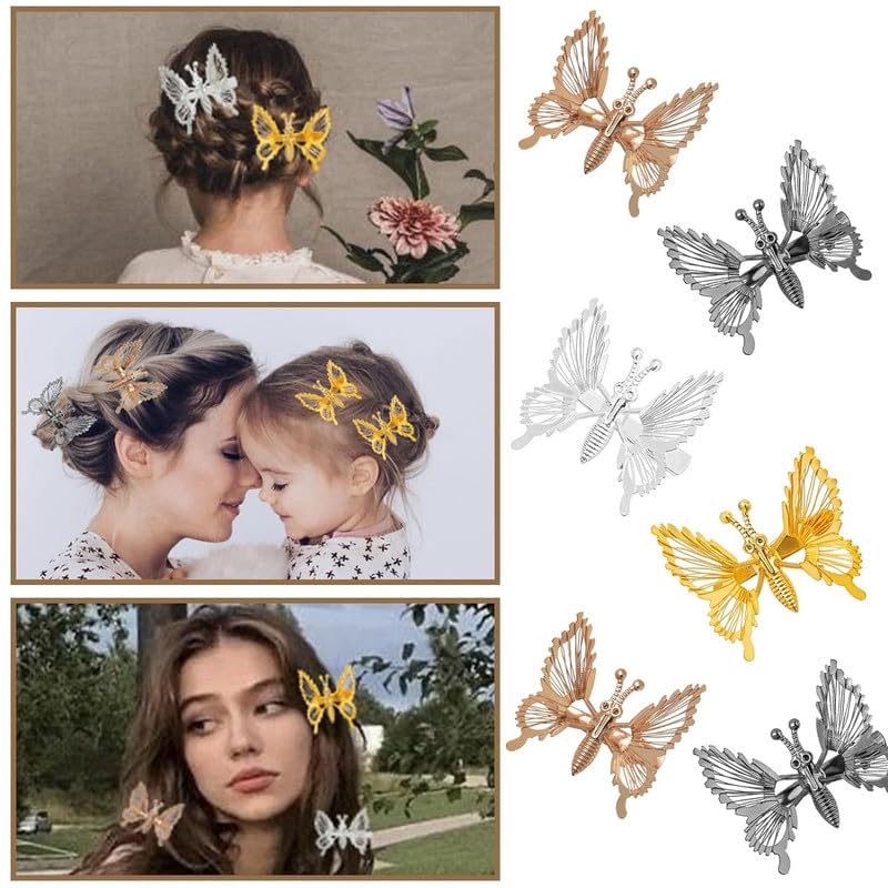 FAMEZA 6-Piece 3D Butterfly Hair Clips Set - Gold & Silver Metal Moving Butterfly Hair Barrettes for Women & Girls | Cute Hair Accessories for Parties, Weddings & Everyday Wear