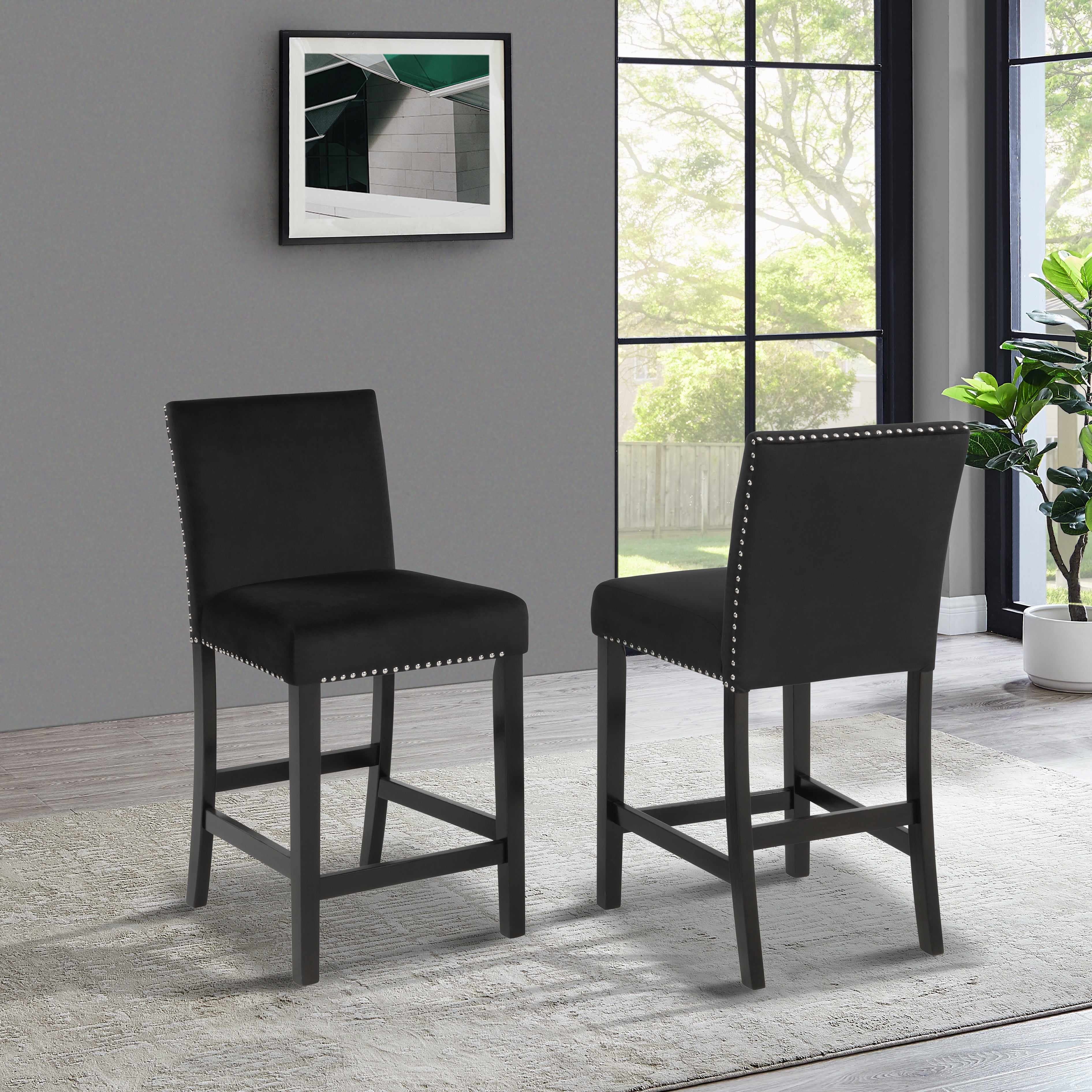 Roundhill Furniture 5-Piece Mella Counter Height Dining Set - Round Faux Marble Table with 4 Black Velvet Parsons Stools - Perfect for Kitchen, Breakfast Nook & Small Space Dining