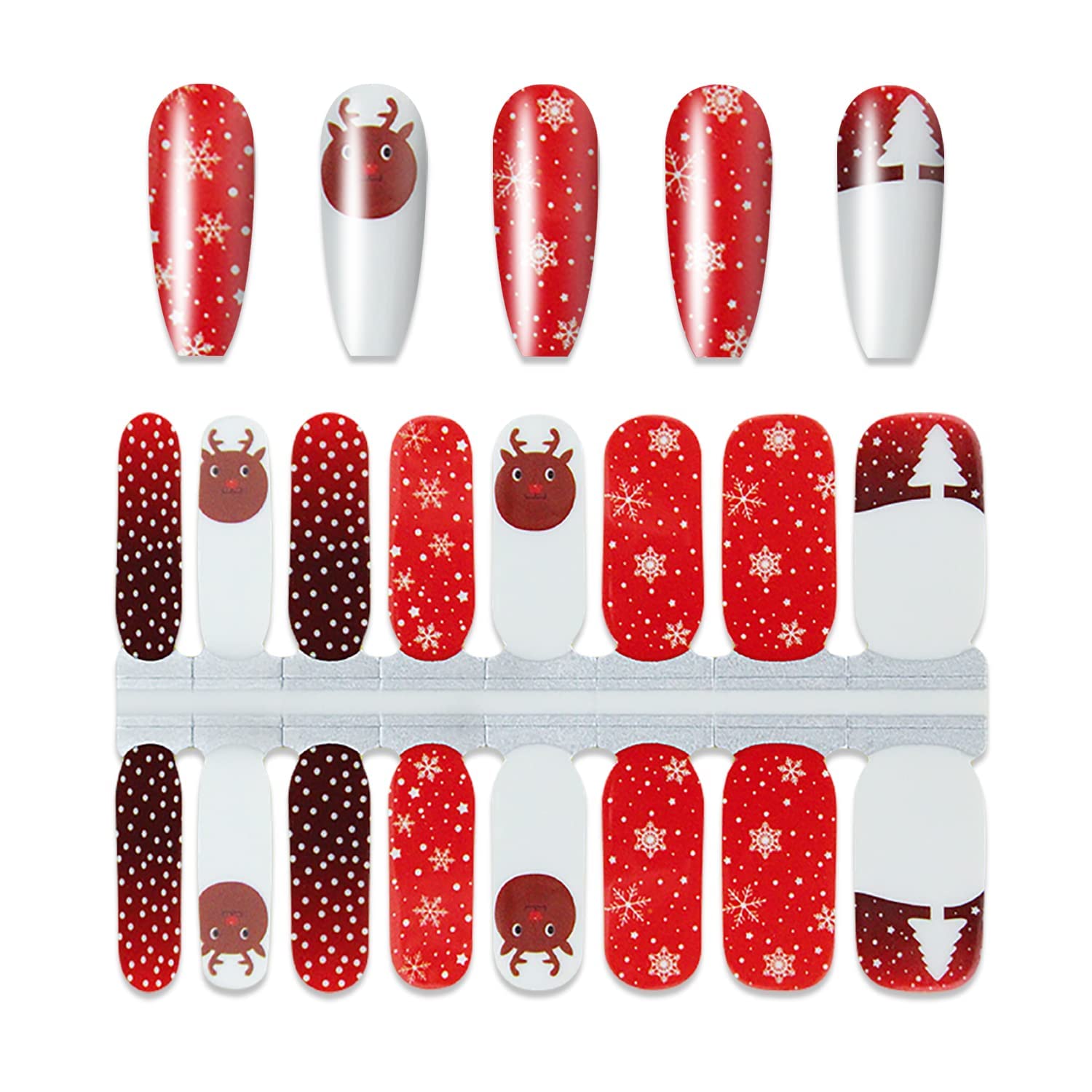 WOKOTO 5 Sheets Christmas Nail Polish Strips - Holiday Nail Stickers with Elk, Christmas Tree & Stars Design | Gel Nail Wraps for Women | Includes Nail File & Adhesive | Perfect for Christmas Parties, Gift Giving & Festive Nail Art