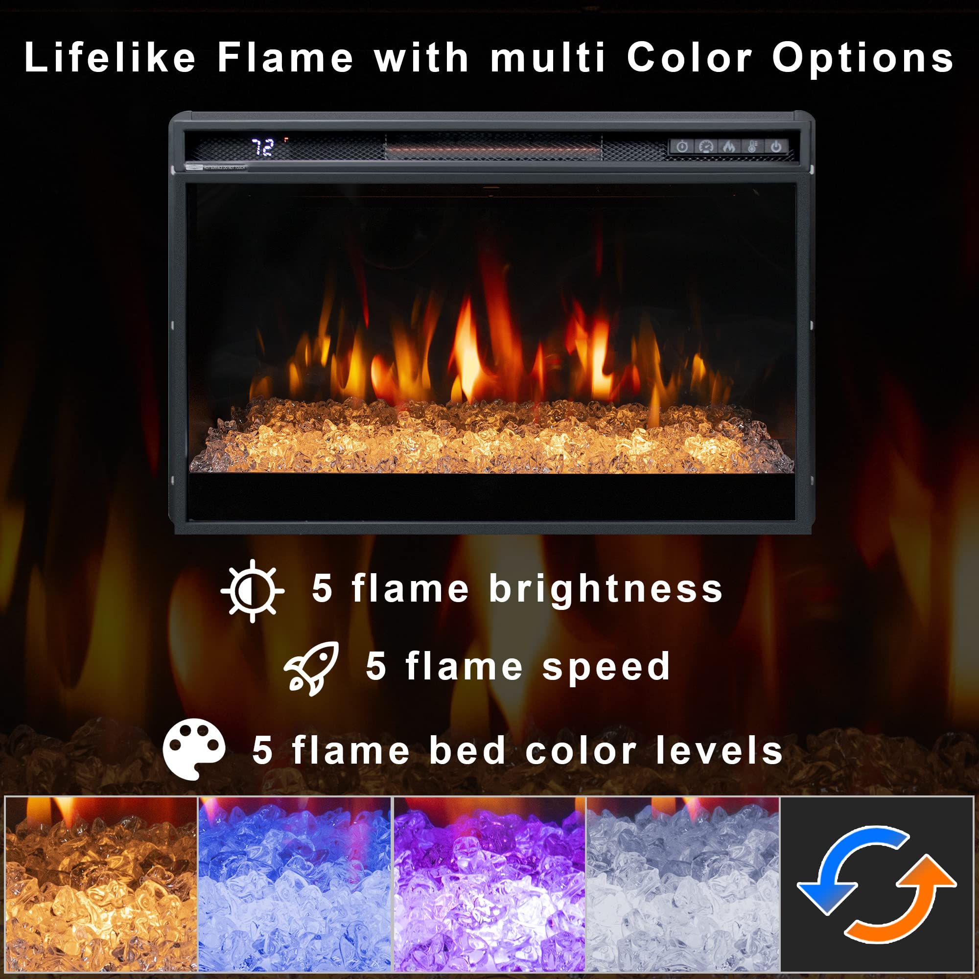 26 Inches Electric Fireplace Insert - 1500W Recessed Wall Mounted Fireplace with Remote Control, Crystal Ember Bed, Overheating Protection & Timer - Perfect for Living Room, Bedroom or Office (Black)
