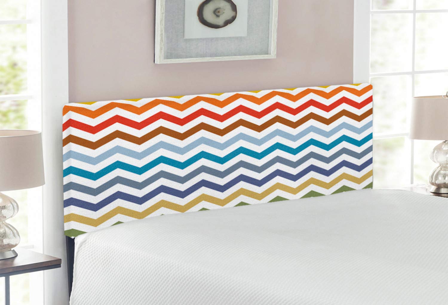 Ambesonne Chevron Headboard - Full Size Upholstered Metal Bed Frame with Memory Foam | Colorful Zigzag Retro Design for Easter Decor | Perfect for Guest Rooms, Dormitories & Modern Bedroom Makeovers