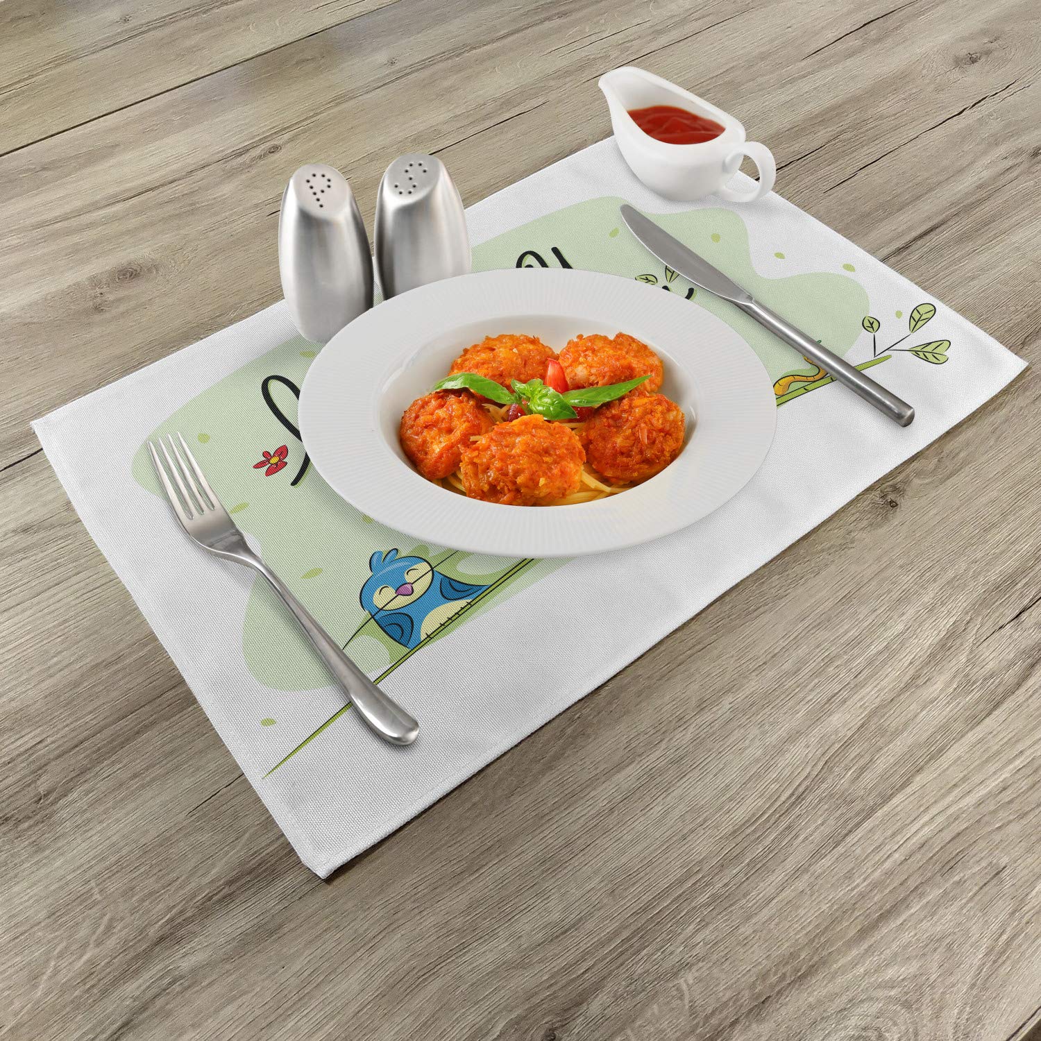 Ambesonne 4-Pack Animal Placemats Set - Cute Bird, Owl, Worm & Sparrow Floral Design with Thank You Message - Washable Fabric Table Mats for Dining Room & Kitchen Decor (Green) - Perfect for Family Dinners, Holiday Gatherings & Everyday Meals